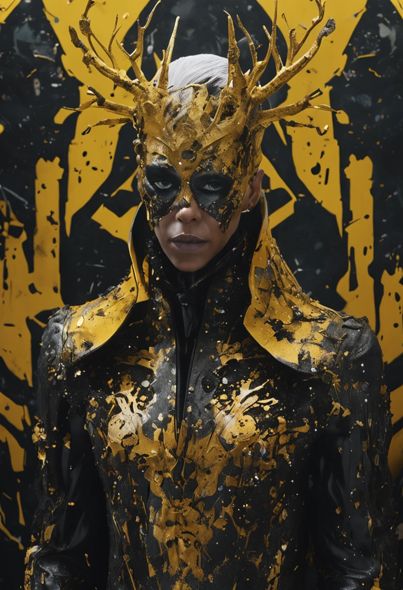 1man, good shape, a surreal paint splatter painting of the kinginyellow wearing a cloak and a mask, antlers, crown, cosmic background, gold and white and black color scheme, a bad woman in a futuristic suit with a ((skeleton head)) ((which disintegrates)), cybernetic, cyberpunk art, computer art, detailed eyes, (highly detailed skin:1.2), (realistic lighting:1.1), (realistic shadows:1.1), ((best quality)), (detailed), 8k uhd