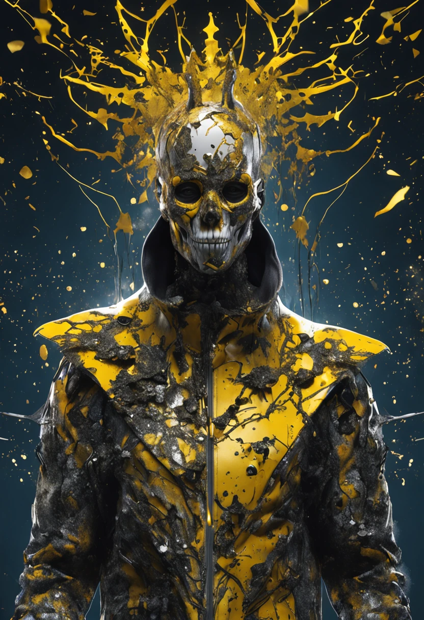 1man, good shape, a surreal paint splatter painting of the kinginyellow wearing a cloak and a mask, antlers, crown, cosmic background, gold and white and black color scheme, a bad woman in a futuristic suit with a ((skeleton head)) ((which disintegrates)), cybernetic, cyberpunk art, computer art, detailed eyes, (highly detailed skin:1.2), (realistic lighting:1.1), (realistic shadows:1.1), ((best quality)), (detailed), 8k uhd