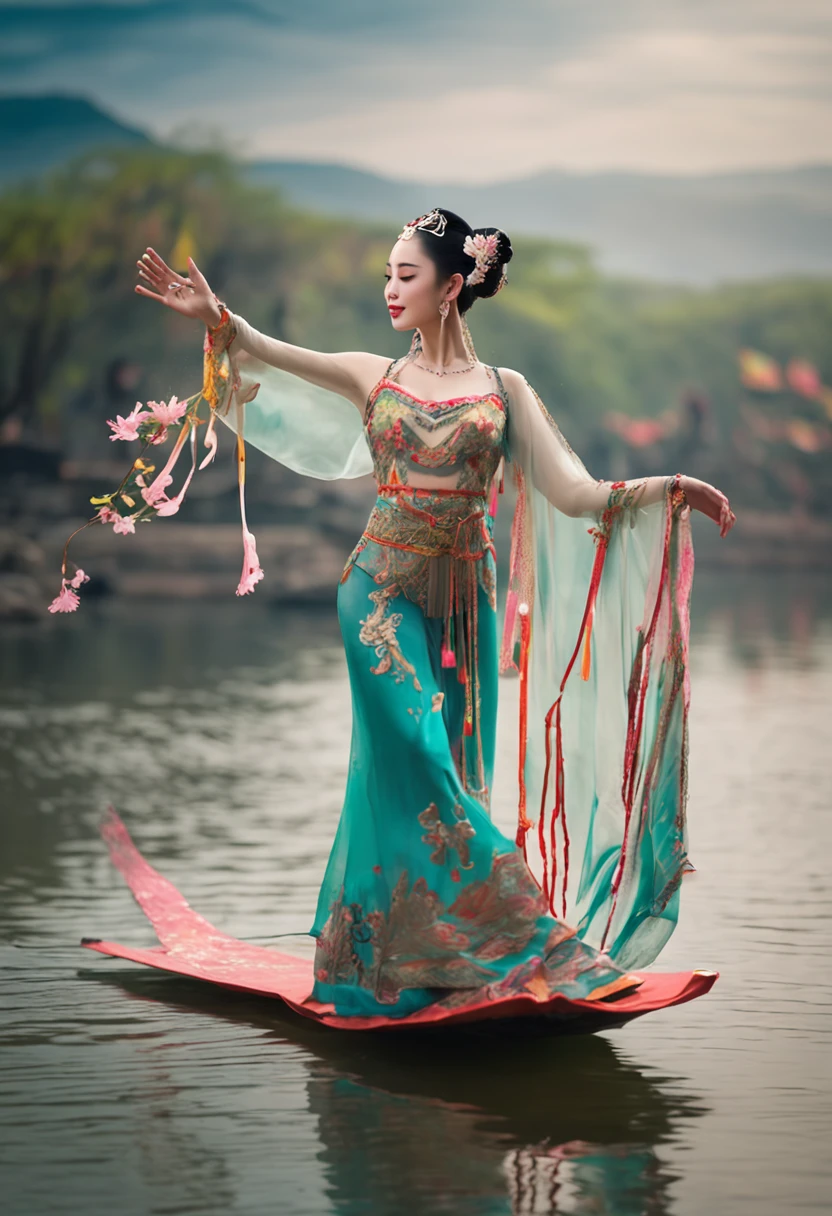 An ancient Chinese beauty stands and dances on the water, gorgeous costumes embroidered with intricate embroidery, flowing tulle, transparent long colorful ribbons tied on the arms, inspired by Dunhuang Flying Apsaras murals, showing navel, bare shoulders, bare neck, Black curly hair in a high bun with flower hairpins, ribbons on arm rings, wreaths, bracelets, anklets, metal chain tassels on the waist, Mogao Grottoes art, ink painting, cgstation pop