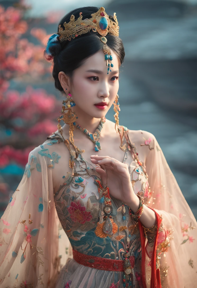 An ancient Chinese beauty stands and dances on the water, gorgeous costumes embroidered with intricate embroidery, flowing tulle, transparent long colorful ribbons tied on the arms, inspired by Dunhuang Flying Apsaras murals, showing navel, bare shoulders, bare neck, Black curly hair in a high bun with flower hairpins, ribbons on arm rings, wreaths, bracelets, anklets, metal chain tassels on the waist, Mogao Grottoes art, ink painting, cgstation pop