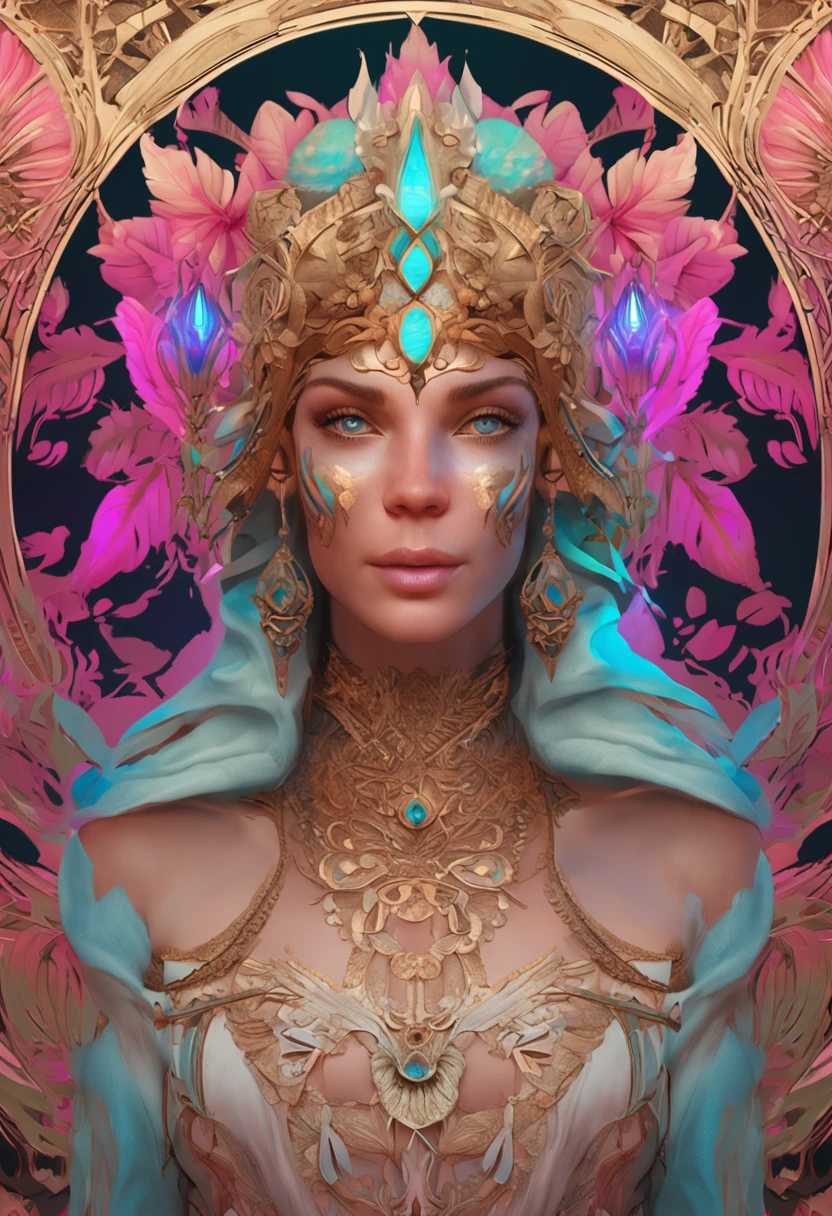 (chromaV5:1.2) (symmetry:1.1) (portrait of floral:1.05) a woman as a beautiful goddess, (assassins creed style:0.8), pink and gold and opal color scheme, beautiful intricate filegrid facepaint, intricate, elegant, highly detailed, digital painting, artstation, concept art, smooth, sharp focus, illustration, art by greg rutkowski and alphonse mucha, 8k