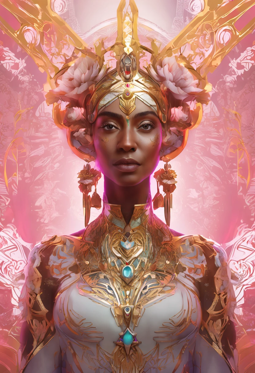 (chromaV5:1.2) (symmetry:1.1) (portrait of floral:1.05) a woman as a beautiful goddess, (assassins creed style:0.8), pink and gold and opal color scheme, beautiful intricate filegrid facepaint, intricate, elegant, highly detailed, digital painting, artstation, concept art, smooth, sharp focus, illustration, art by greg rutkowski and alphonse mucha, 8k