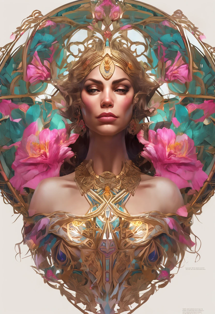 (chromaV5:1.2) (symmetry:1.1) (portrait of floral:1.05) a woman as a beautiful goddess, (assassins creed style:0.8), pink and gold and opal color scheme, beautiful intricate filegrid facepaint, intricate, elegant, highly detailed, digital painting, artstation, concept art, smooth, sharp focus, illustration, art by greg rutkowski and alphonse mucha, 8k