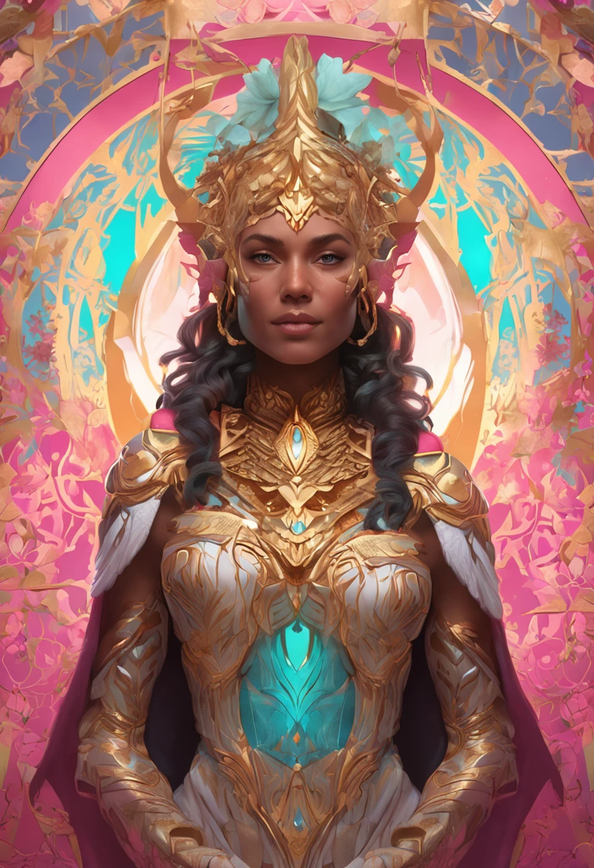 (chromaV5:1.2) (symmetry:1.1) (portrait of floral:1.05) a woman as a beautiful goddess, (assassins creed style:0.8), pink and gold and opal color scheme, beautiful intricate filegrid facepaint, intricate, elegant, highly detailed, digital painting, artstation, concept art, smooth, sharp focus, illustration, art by greg rutkowski and alphonse mucha, 8k