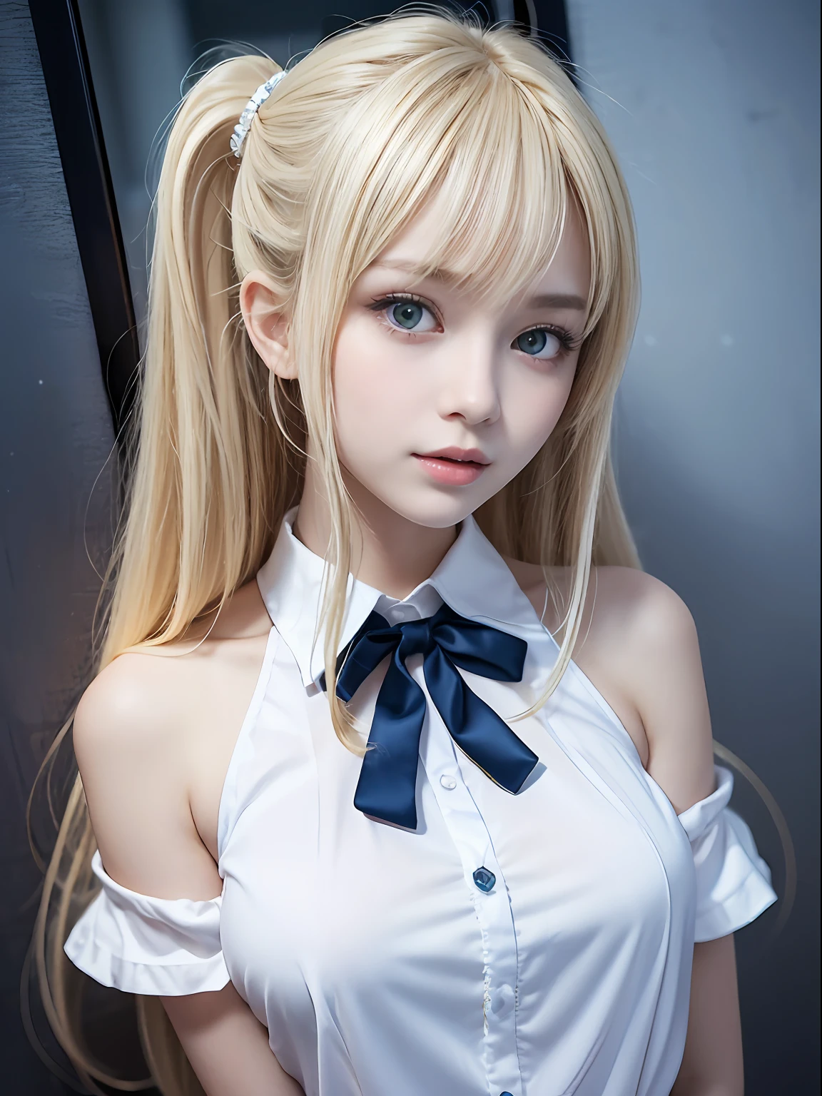 portlate、School Uniforms、bright expression、poneyTail、Young shiny shiny white shiny skin、Best Looks、Blonde reflected light、Platinum blonde hair with dazzling highlights、shiny light hair,、Super long silky straight hair、Beautiful bangs that shine、Glowing crystal clear attractive big blue eyes、Very beautiful nice cute girl、Lush bust