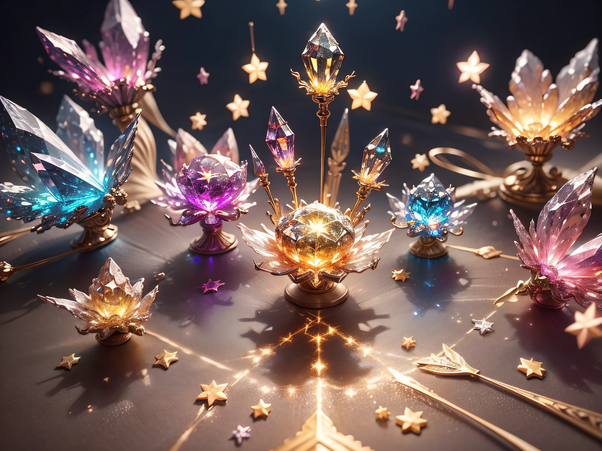 Lots of scattered crystal stars、accessoires、Shine in the center
fantasy、intergalactic、cleanness、
glinting、Shines、magnifica、colourfull、brightened、luminescence
Magic Pictures, dramatic  lighting, photorealisim, The ultra-detailliert, 4K, depth of fields, hight resolution