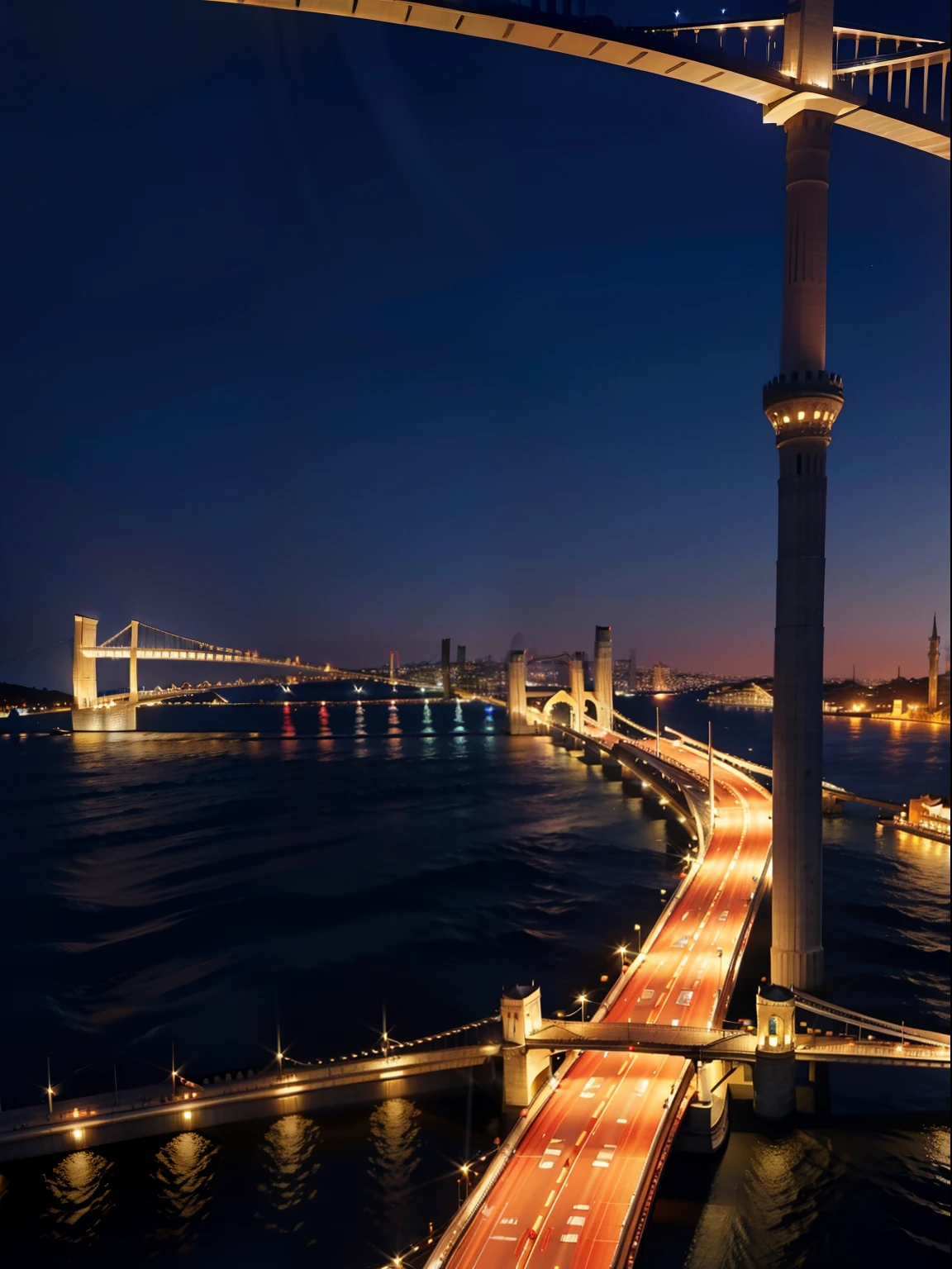 The Istanbul Bridge across Asia and Europe,Charming night view,Brilliant lighting,stunning view,Warm nights,Magnificent bridges,fantasy atmosphere,8k,Photo effects