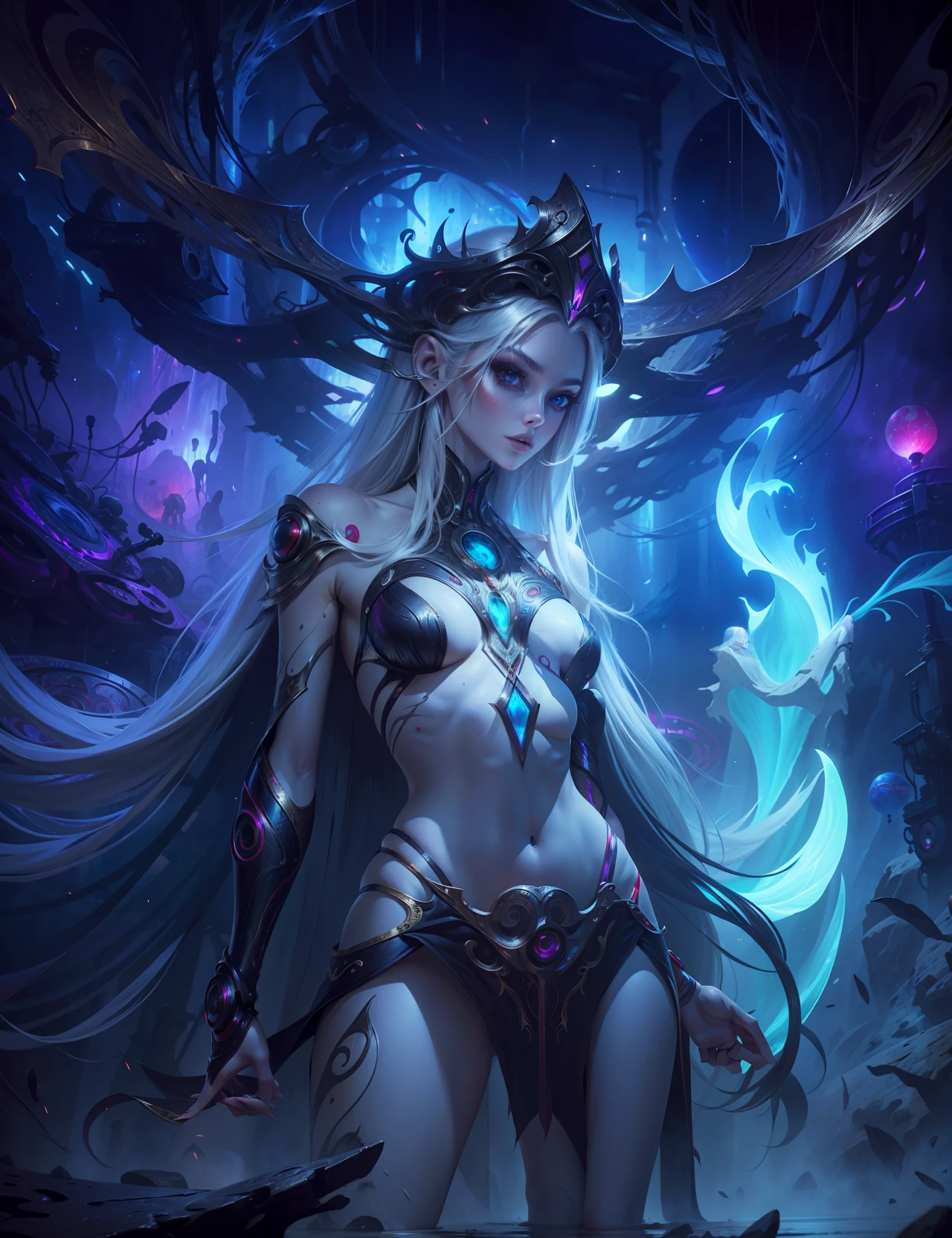 Masterpiece, Best Quality, Girls, Slender, Red Eyes, Hair Color, Iridescent, Long Hair Spreading, White Skin, Medium, Cute, Sexy, Near Future, Bikini, Exposed Skin, Night, Psychedelic, Trip, Extreme Color, Paisley Theme, Open Legs, Mechanical Left Arm, Full Body