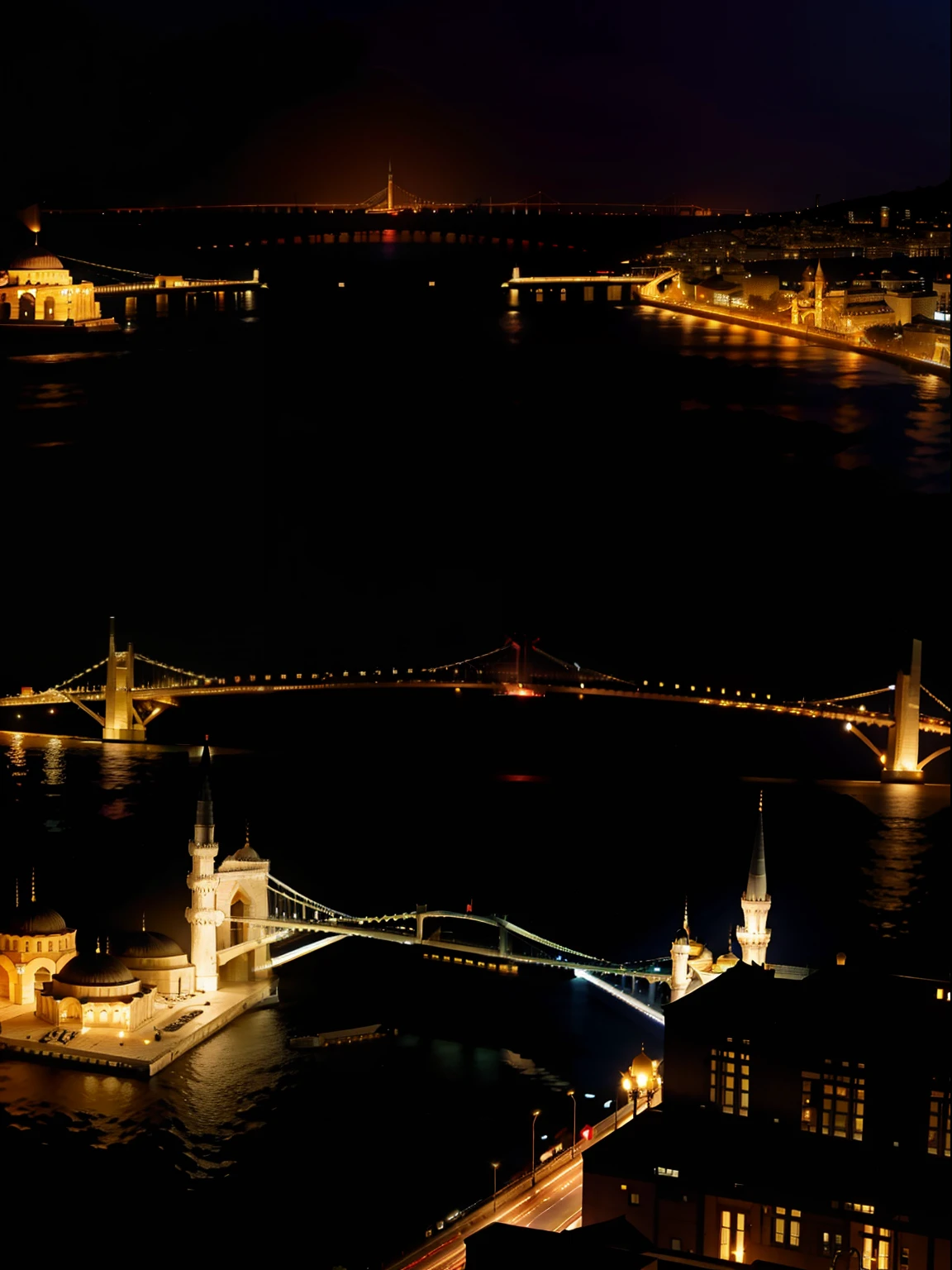 The Istanbul Bridge across Asia and Europe,Charming night view,Brilliant lighting,stunning view,Warm nights,Magnificent bridges,fantasy atmosphere,8k,Photo effects