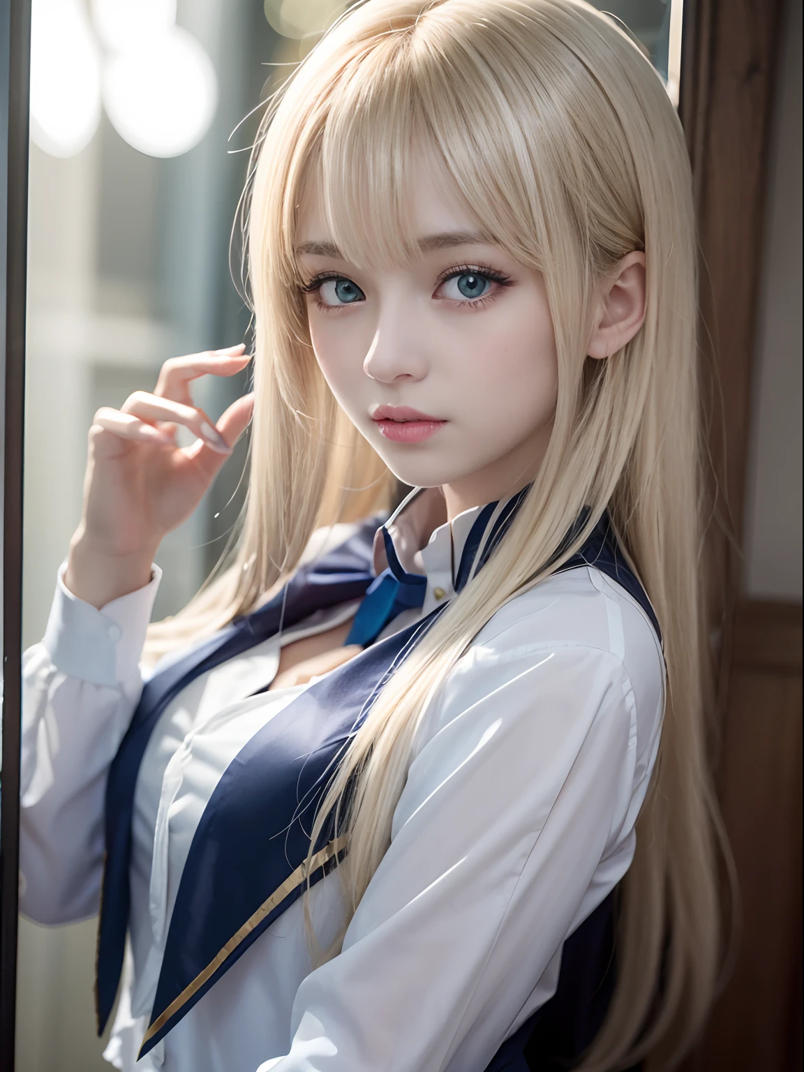 portlate、School Uniforms、bright expression、Young shiny shiny white shiny skin、Best Looks、Blonde reflected light、Platinum blonde hair with dazzling highlights、shiny light hair,、Super long silky straight hair、Beautiful bangs that shine、Glowing crystal clear attractive big blue eyes、Very beautiful nice cute  girl、Lush bust、