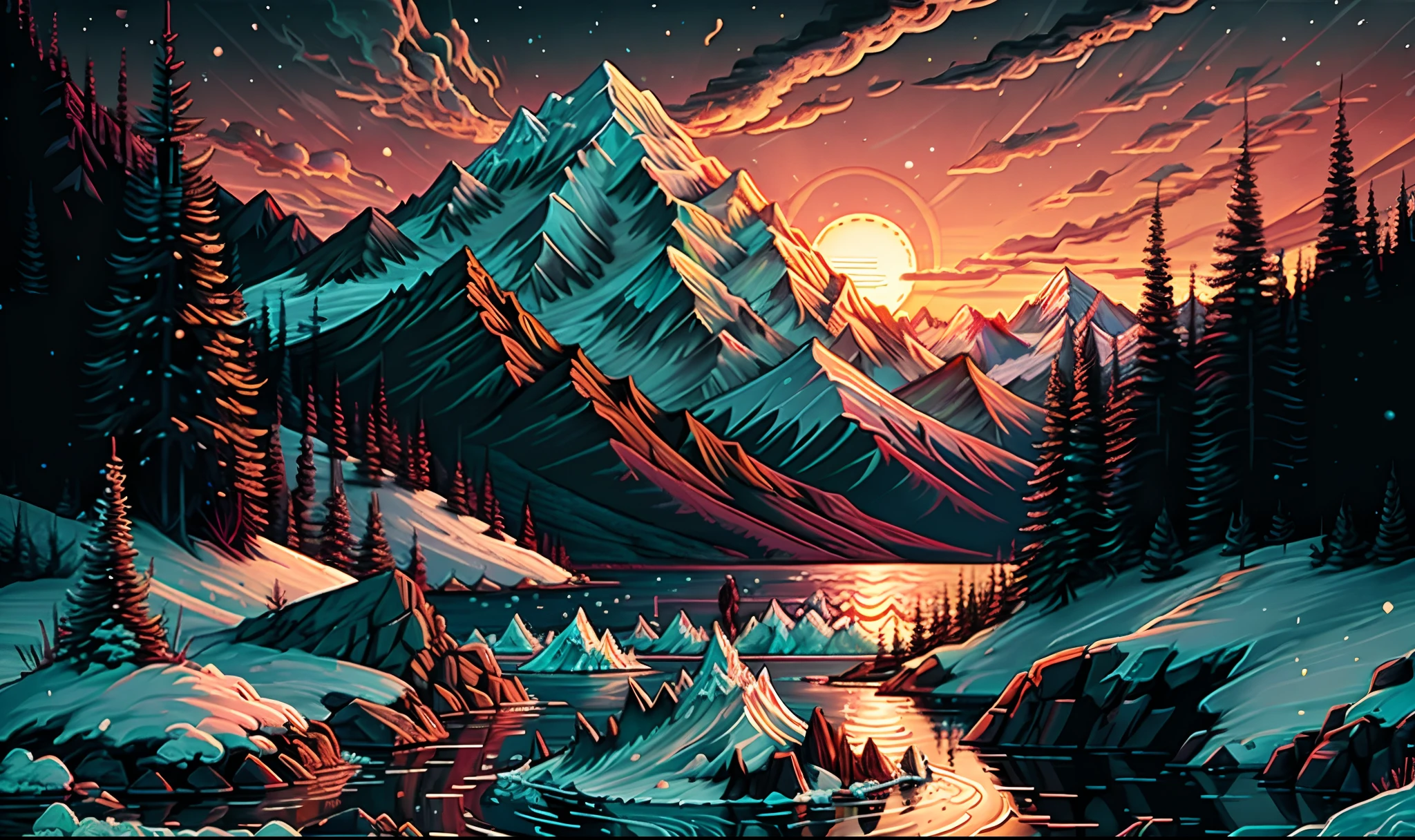 Alaskan glaciers,Denali Snow Mountain,Lake waves,critters,the setting sun,Light,oil painted