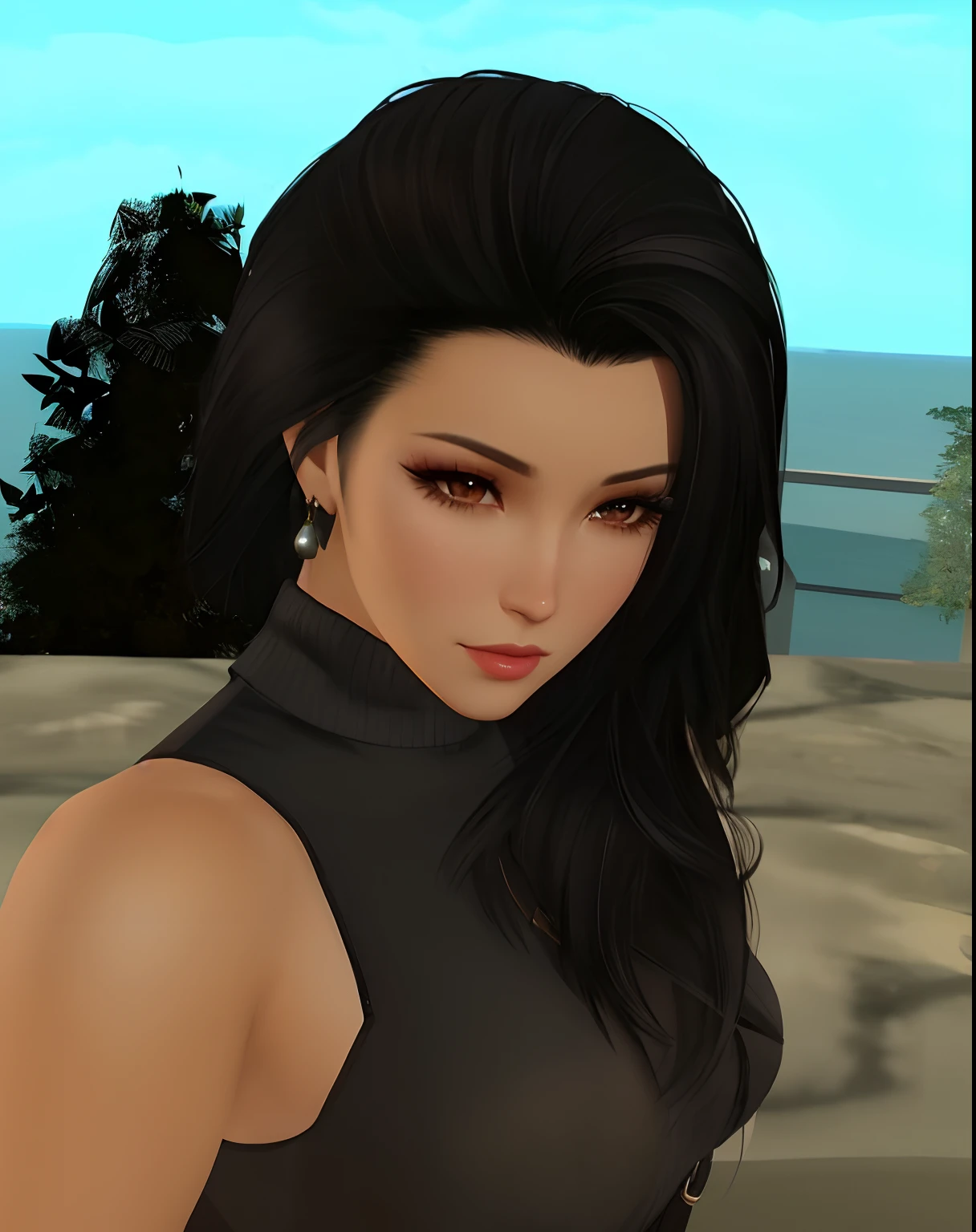 there is a woman with long black hair and a black top, glamorous tifa lockheart, second life avatar, portrait of tifa lockhart, tifa lockheart, tifa lockhart, tifa lockhart portrait, tifa, black hair and brown eyes, nico robin, inspired by Sim Sa-jeong, inspired by Ren Renfa, imvu, with black hair