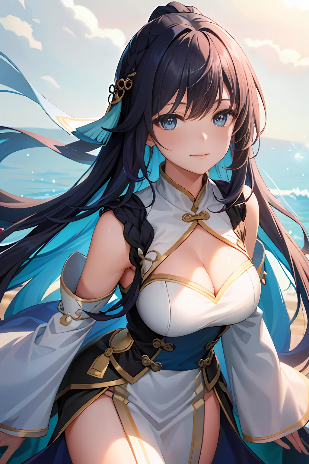 1girll,closeup of face，Gentle and peaceful expression，Solo, ,long whitr hair,Beautiful characters，Epic and beautiful character art，FAN Qi，Wu Zhun Shifan smiled, Blue eyes，multicolored hair, White hair, view the viewer, frilld, Blush, Black hair, Simple background,