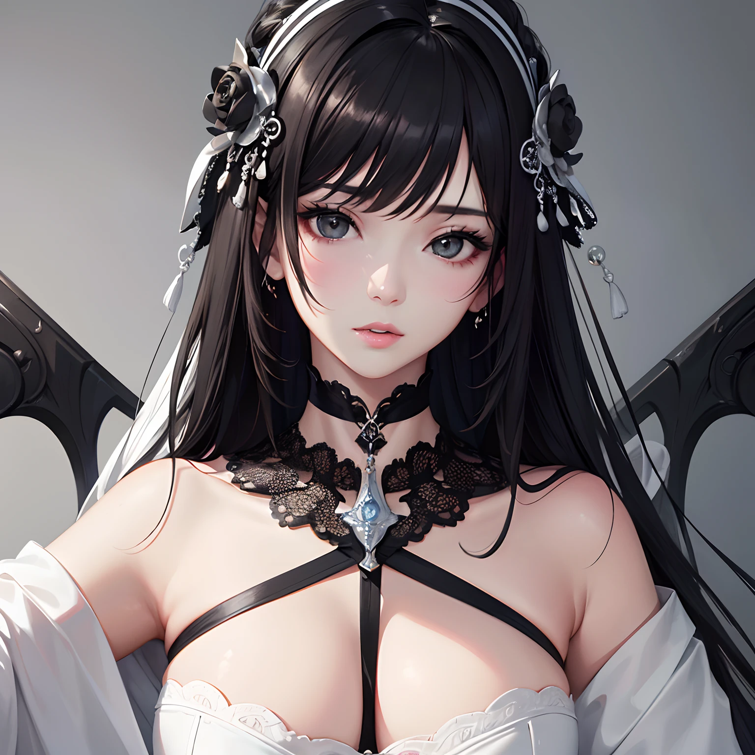 ​masterpiece、top-quality、hight resolution、High-quality images、8K、1womanl、detaileds、Detailed eye depiction、skin gloss、Lustrous black hair、Monochrome grayscale、Lisa、portlate、corn