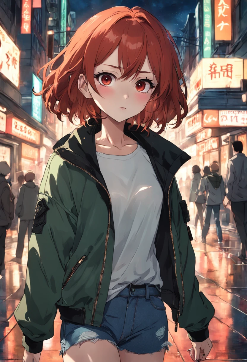 A woman with short, red hair and white tips. She has brown eyes and is wearing black lipstick. She has a slim body and is dressed in a green jacket and jeans.