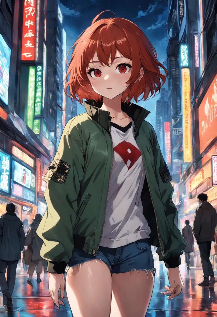 A woman with short, red hair and white tips. She has brown eyes and is wearing black lipstick. She has a slim body and is dressed in a green jacket and jeans.