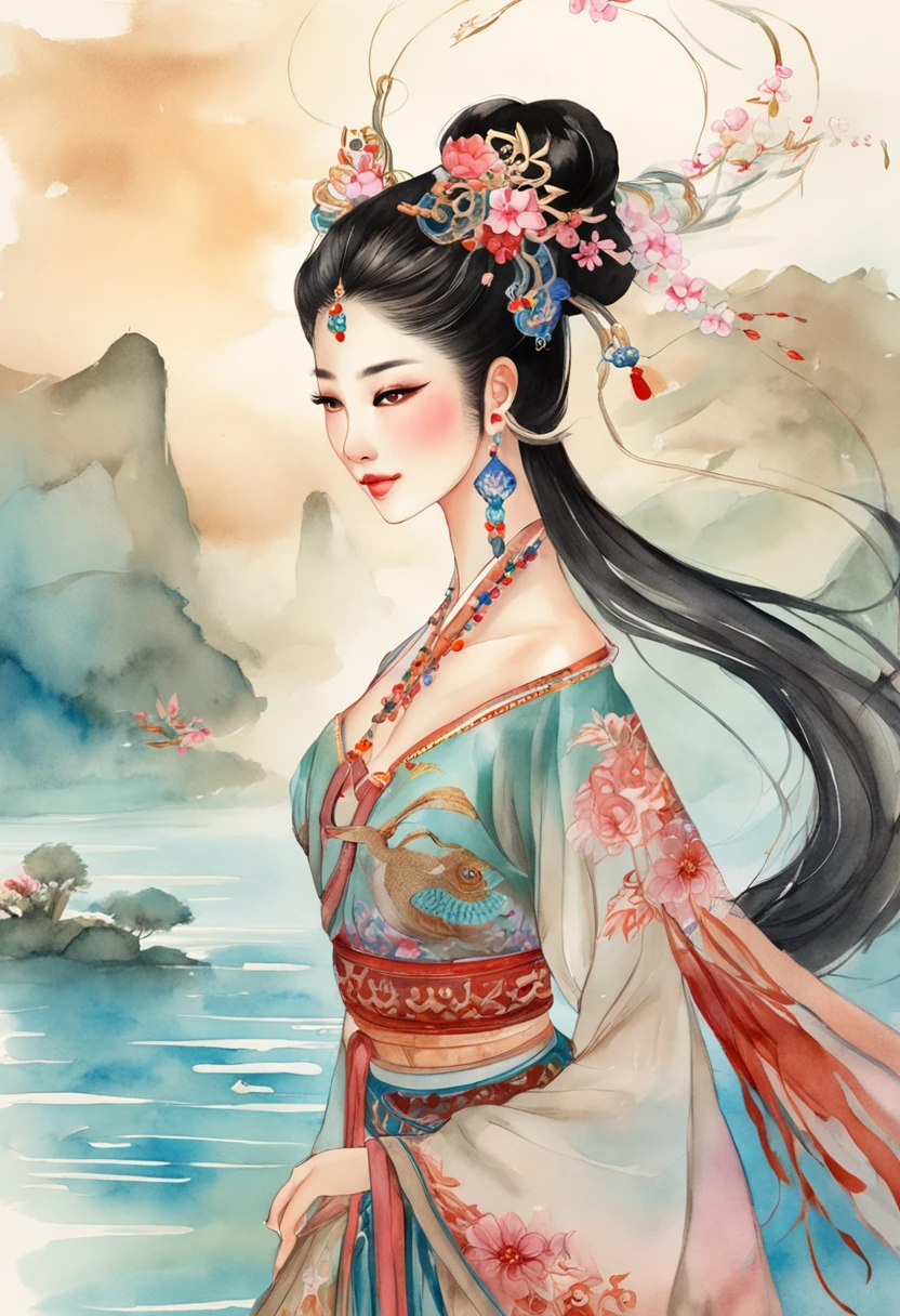 An ancient Chinese beauty stands and dances on the water, gorgeous costumes embroidered with intricate embroidery, flowing tulle, transparent long colorful ribbons tied on the arms, inspired by Dunhuang Flying Apsaras murals, showing navel, bare shoulders, bare neck, Black curly hair in a high bun with flower hairpins, ribbons on arm rings, wreaths, bracelets, anklets, metal chain tassels on the waist, Mogao Grottoes art, ink painting, cgstation pop
