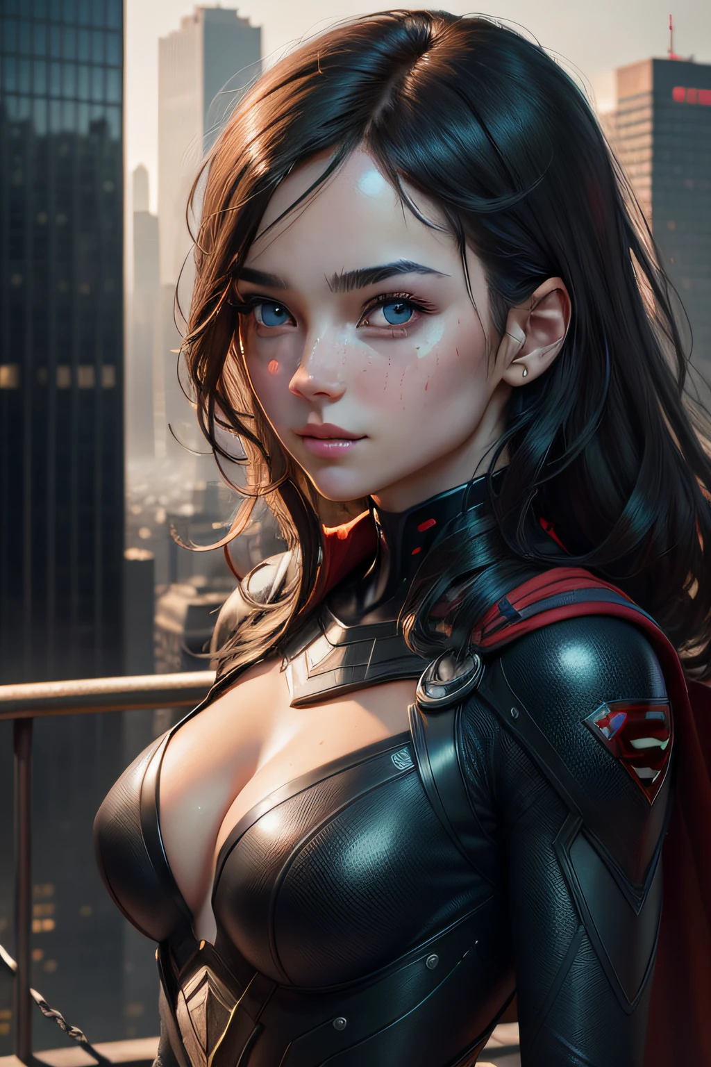 (1girl:1.3), Solo, (((Very detailed face)))), ((Very detailed eyes and face)))), Beautiful detail eyes, Body parts__, Official art, Unified 8k wallpaper, Super detailed, beautiful and beautiful, beautiful, masterpiece, best quality, original, masterpiece, super fine photo, best quality, super high resolution, realistic realism, sunlight, full body portrait, amazing beauty, dynamic pose, delicate face, vibrant eyes, (from the front), She wears Superman suit, red and black color scheme, spider, very detailed city roof background, rooftop, overlooking the city, detailed face, detailed complex busy background, messy, gorgeous, milky, highly detailed skin, realistic skin details, visible pores, clear focus, volumetric fog, 8k uhd, DSLR, high quality, film grain, fair skin, photo realism, lomography, futuristic dystopian megalopolis, translucent
