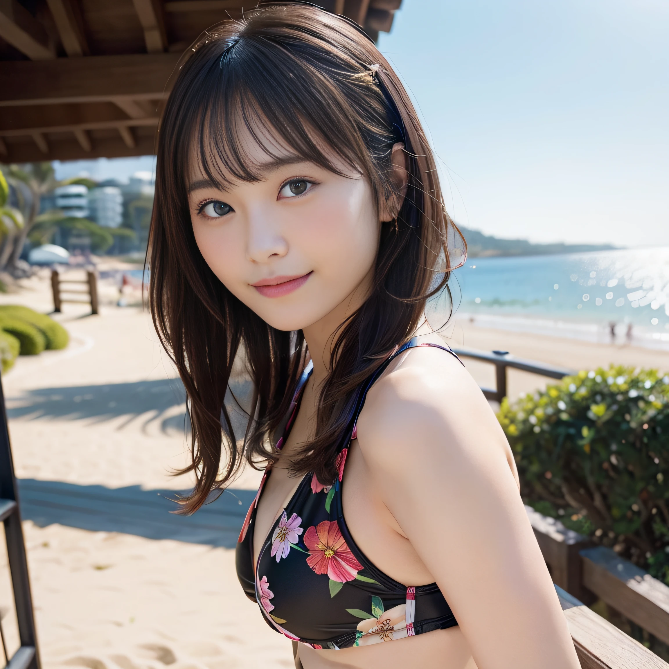 in 8K,Best Quality:1.4, 超A high resolution:1.5, (Photorealistic:1.4),masterpiece:1.2,(top-quality:1.4)、 Raw photo、 (From the knee up:1.4, From Side:0.7), (the background is blurred), sea side, sand beach, 1日本人の女の子, Cute, (Solo:1.4), (Shy smile), Smooth skin、Floral Bikini:1.3、 (Brown medium hair,Bangs), (touch hair:1.4),nogizaka,Cute swimsuit,Supple fingertips,Beautiful black eyes、natural skin textures:1.3, realistic eyes and face details:1.7、middlebreasts、back shot:1.2、the setting sun、Gravure Pose:1.1、Toned buttocks:1.5、Hands behind the head、gazing at viewer