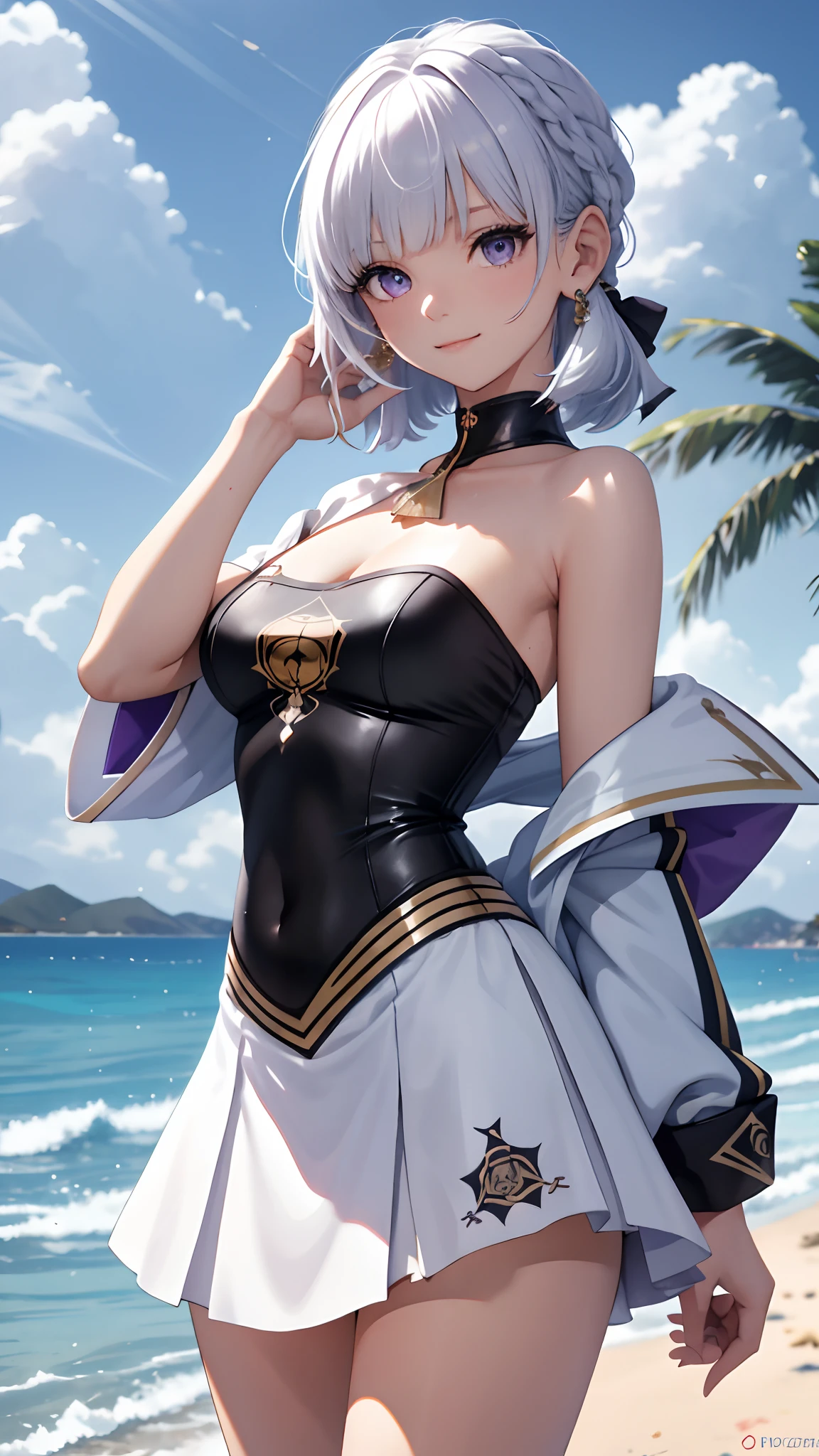 tmasterpiece，best qualtiy，white color hair，Purple eye，sportrait，realisticlying，Wallpapers，painting of a，ssmile，looks into camera，Blackn clothes。perfect bodies，Close-up shot，beachside，swim wears，The bird，​​clouds，Full body photo，Superskirt，Off-the-shoulder attire