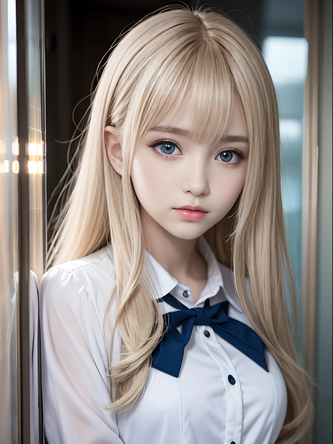 portlate、School Uniforms、bright expression、Young shiny shiny white shiny skin、Best Looks、Blonde reflected light、Platinum blonde hair with dazzling highlights、shiny light hair,、Super long silky straight hair、Beautiful bangs that shine、Glowing crystal clear attractive big blue eyes、Very beautiful nice cute  girl、Lush bust、