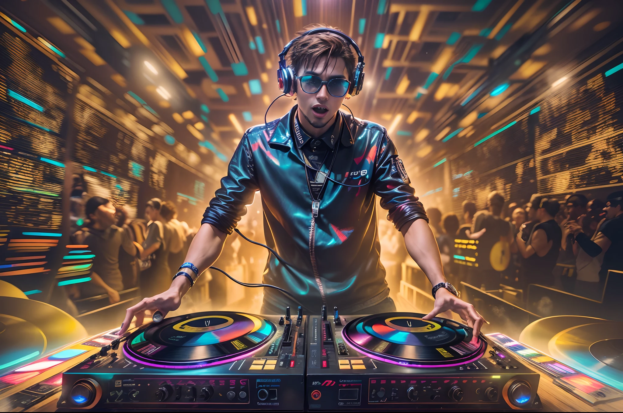 (a high resolution photo) of a dynamic and energetic (DJ playing records:1.3), capturing the vibrant atmosphere, with dazzling lights, pounding beats and a packed dance floor.