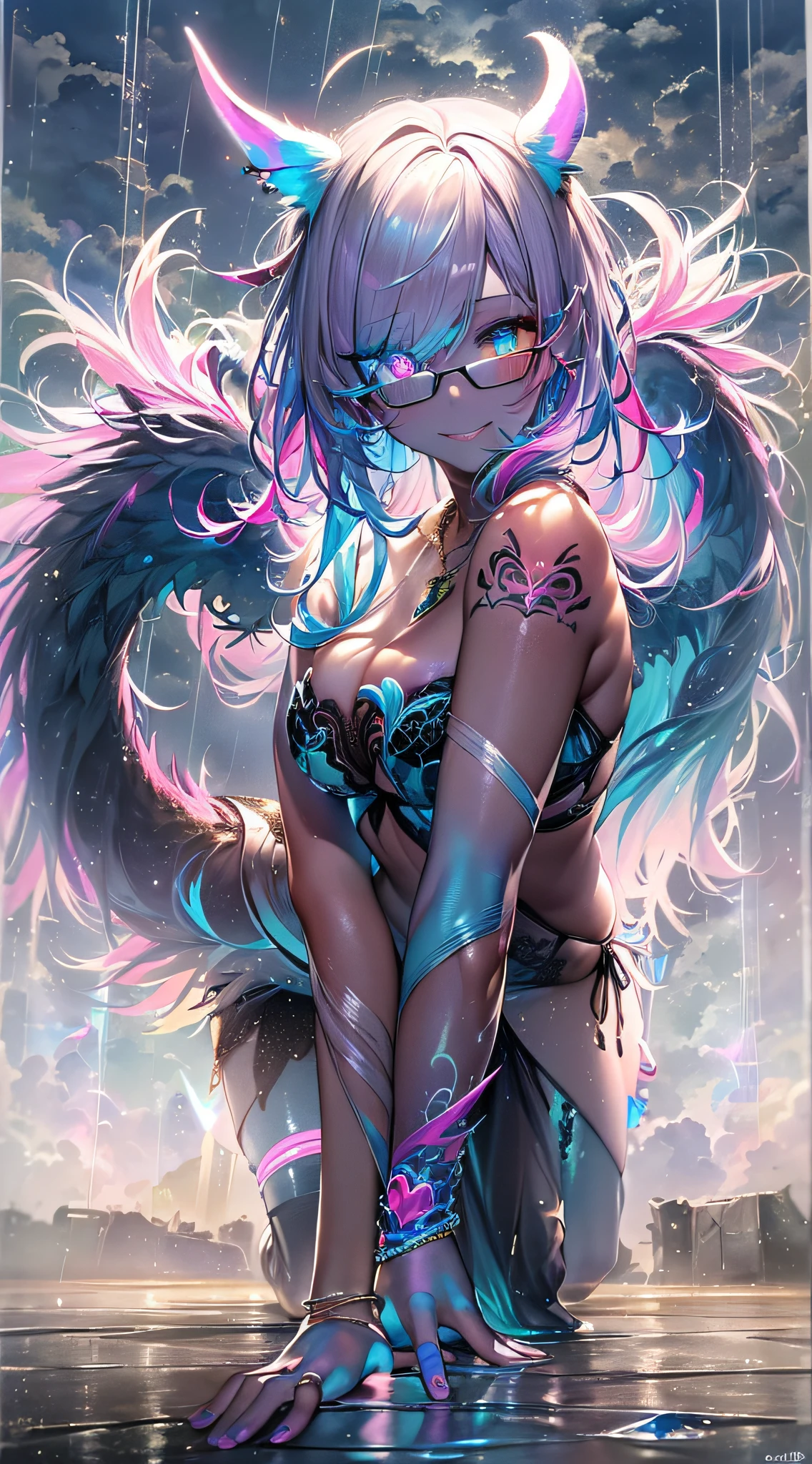 ((masutepiece, of the highest quality, Watercolor art (Pendants), Beautiful and aesthetic: 1.2)), (Golden ratio: 1.2), (Full body: 1.2), (Super Detail: 1.3), (girl with: 1.3), (Fractal Art: 1.3), (Glitter Pupil)),(eye glass:1.5) ,patterns, (Iridescent hair, Colorful hair, Half light blue and half pink hair: 1.2)), Colorful, Writing, (Heterochromia), (Colorful: 1.5), (((Shy face)), (full body Esbian), (Hyper-detailing), ((delicate detail)), (intricate-detail), ((Cinematic Light, Highest quality backlight)), High contrast, ((The best lighting, Very delicate and beautiful)), (( Cinematic Light)), (ray trace reflection, Glow), (((glowing aura)), ((Glowing hair)), ((Super Detail)), (8K)), ((a closeup)), ((Brown skin)), (Showering), ((Seductive smile)) ,((high angle full body shot)),((Demon Girl, demonic horns, demon tail, Devil's Wings, pube_The tattoo, Heart-shaped pupil))、((On the bet))、(black feathers on the back,,,,,,:1.5), (Full body:1.2),(look at viewr:1.2),(all-fours:1.5),(Lightning in the background)、(Thunderclouds on background)、(Ruins:1.5)、(Very heavy rain)