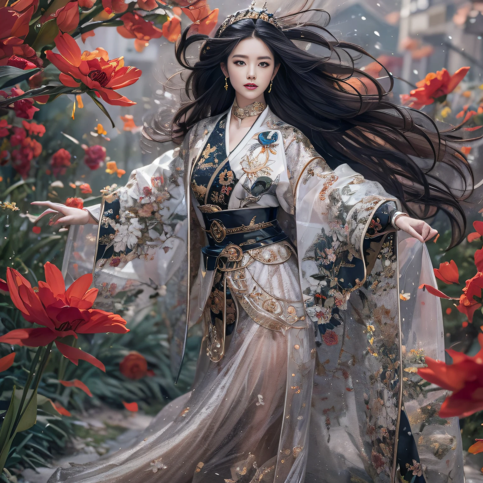 32K（tmasterpiece，k hd，hyper HD，32K）Long flowing black hair，Rockery，zydink， a color，  Xuzhou people （Seduce girls）， （Red scarf in the snow）， jumping posture， looking at the ground， long whitr hair， Floating hair， Carp pattern headdress， Chinese long-sleeved silver battle robe， （Abstract gouache splash：1.2）， Pink petal background，Tulips flying（realisticlying：1.4），Black color hair，Fallen leaves flutter，The background is pure， A high resolution， the detail， RAW photogr， Sharp Re， Nikon D850 Film Stock Photo by Jefferies Lee 4 Kodak Portra 400 Camera F1.6 shots, Rich colors, ultra-realistic vivid textures, Dramatic lighting, Unreal Engine Art Station Trend, cinestir 800，Long flowing black hair，Transparent robe clothing