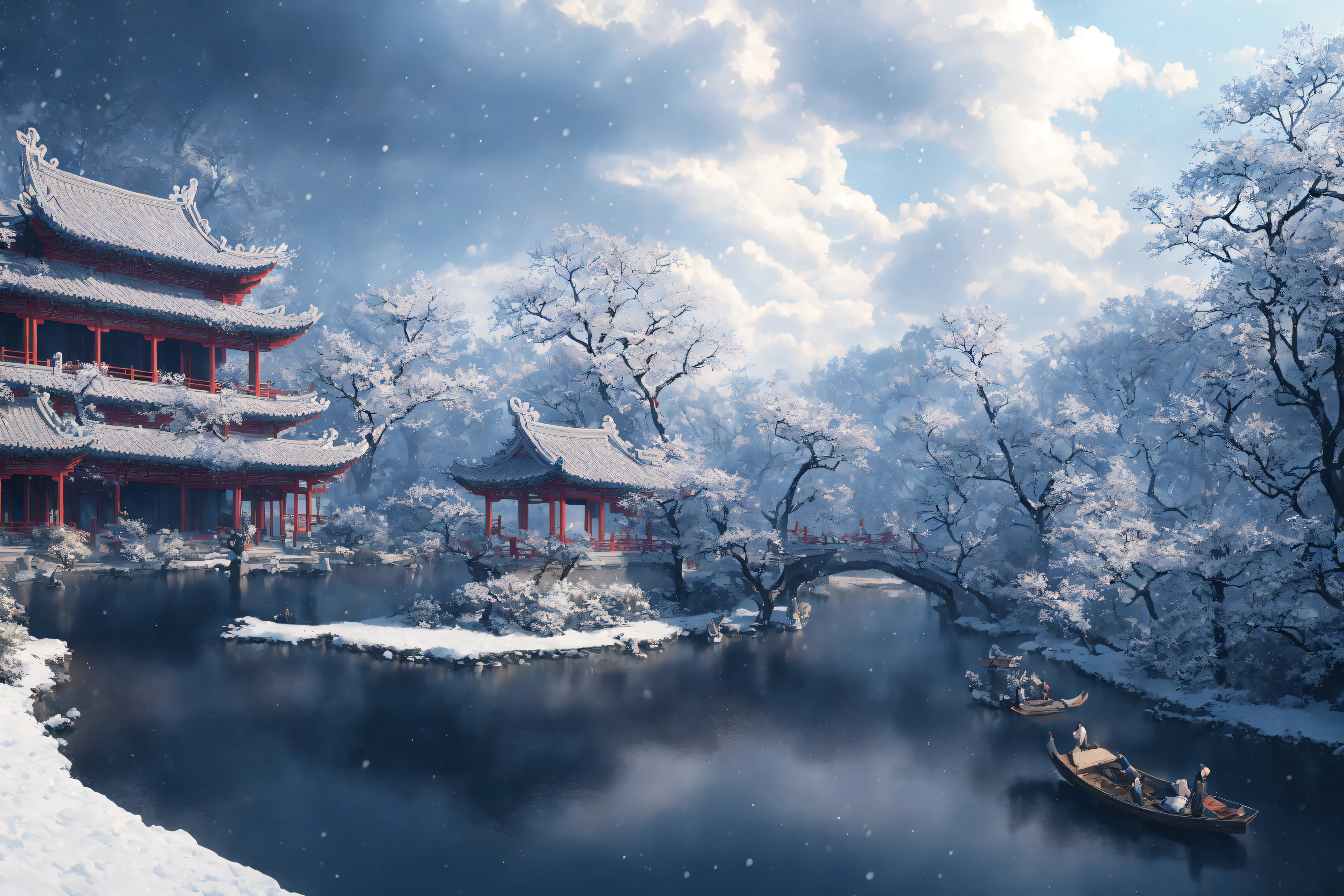 masterpiece, best quality, high quality, extremely detailed CG unity 8k wallpaper, classical chinese garden, scenery, amsterdam, winter,((snowing)),outdoors, sky, day, landscape, water, tree, blue sky, waterfall, nature, lake, river, cloudy sky,award winning photography, Bokeh, Depth of Field, HDR, bloom, Chromatic Aberration ,Photorealistic,extremely detailed, trending on artstation, trending on CGsociety, Intricate, High Detail, dramatic, art by midjourney