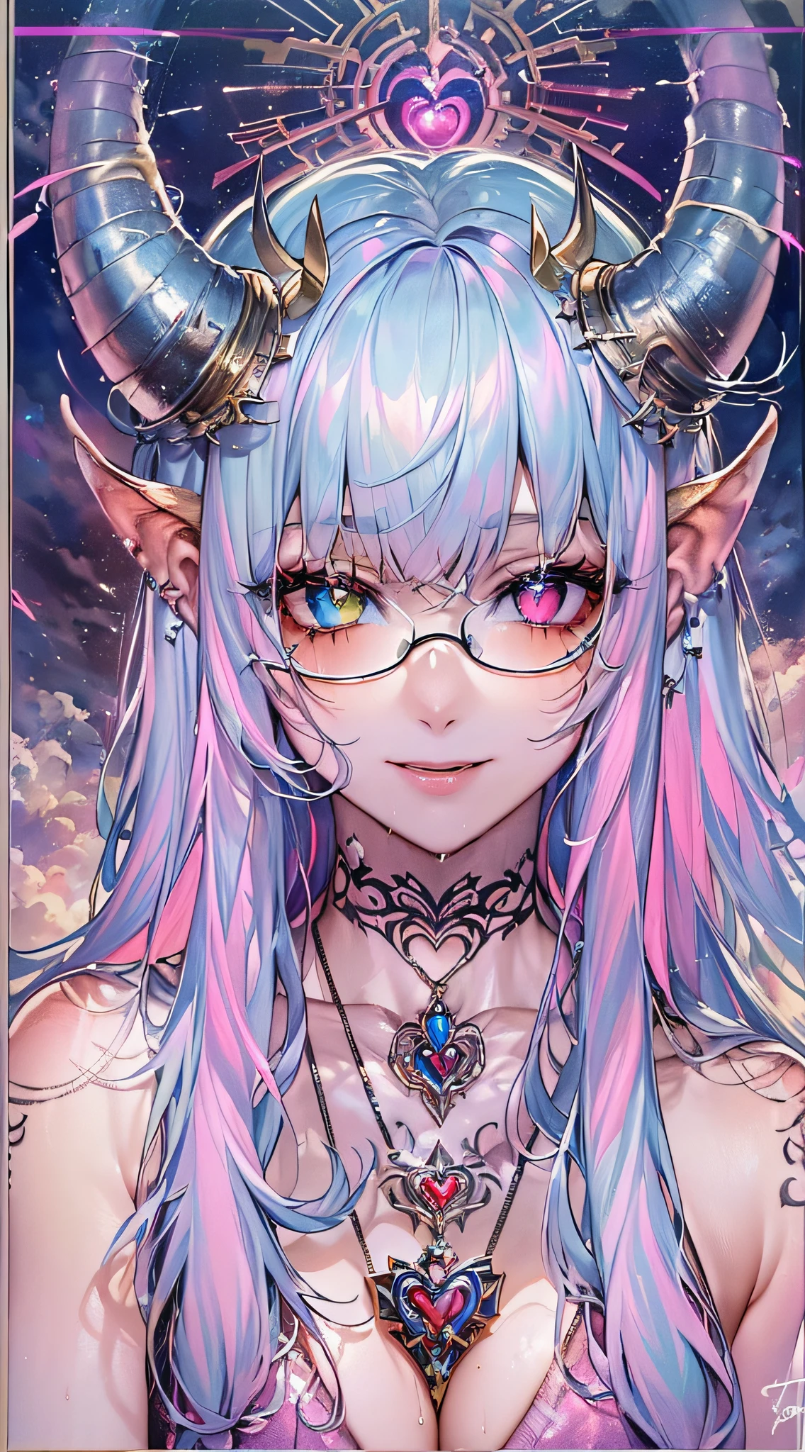 ((masutepiece, of the highest quality, Watercolor art (Pendants), Beautiful and aesthetic: 1.2)), (Golden ratio: 1.2), (Full body: 1.2), (Super Detail: 1.3), (girl with: 1.3), (Fractal Art: 1.3), (Glitter Pupil)),(eye glass:1.5) ,patterns, (Iridescent hair, Colorful hair, Half light blue and half pink hair: 1.2)), Colorful, Writing, (Heterochromia), (Colorful: 1.5), (((Shy face)),  (full body Esbian), (Hyper-detailing), ((delicate detail)), (intricate-detail), ((Cinematic Light, Highest quality backlight)), High contrast, ((The best lighting, Very delicate and beautiful)), (( Cinematic Light)), (ray trace reflection, Glow), (((glowing aura)), ((Glowing hair)), ((Super Detail)), (8K)), ((a closeup)), ((Brown skin)), (Showering), ((Seductive smile)) ,((high angle full body shot)),((Demon Girl, demonic horns, demon tail, Devil's Wings, pube_The tattoo, Heart-shaped pupil))、((On the bet))、(black feathers on the back,,,,,,,:1.5), (Full body:1.2),(look at viewr:1.2),(all-fours:1.5),(Lightning in the background)、(Thunderclouds on background)、(Ruins:1.5)、(Very heavy rain)