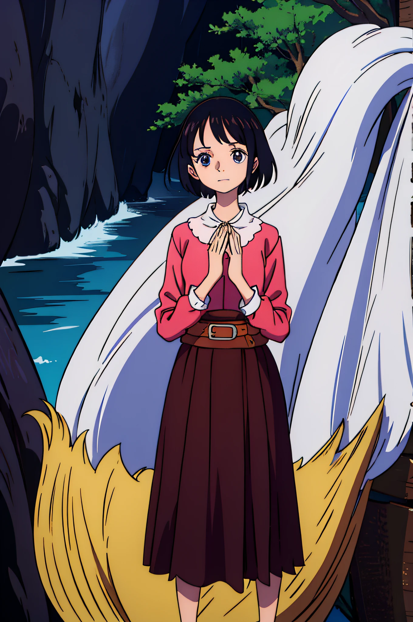 A slim little girl,dressed stylishly,The expression is high-spirited,Fold your hands to your chest,The picture of the little girl accounts for one-tenth of the picture,The background is a distant forest