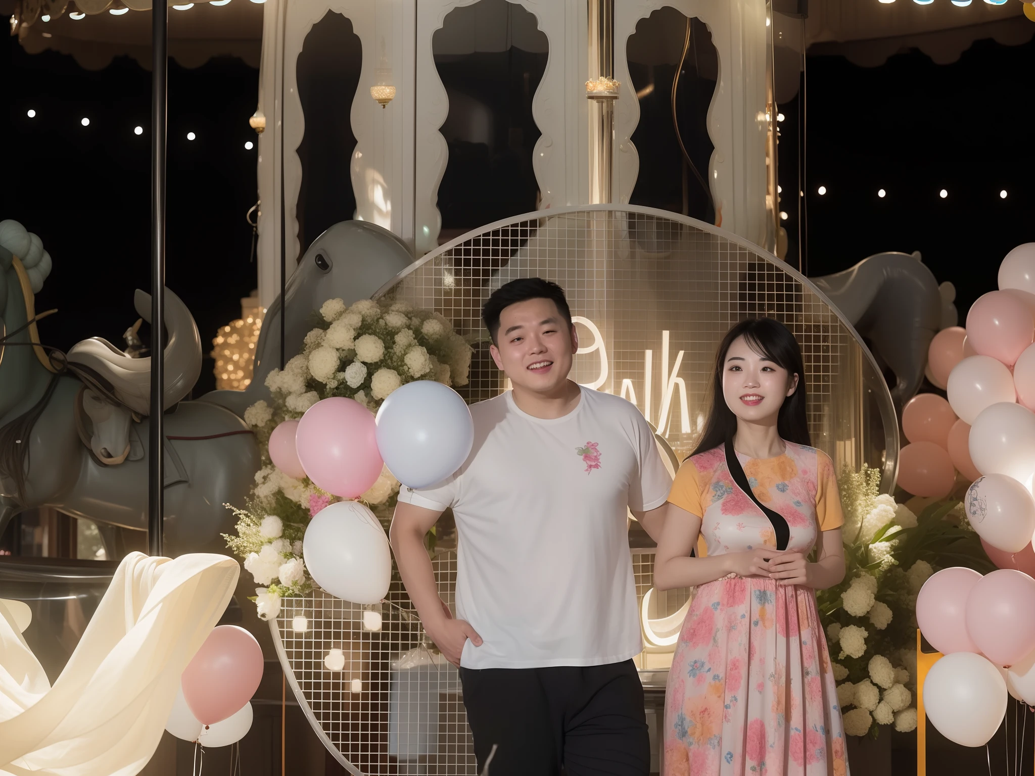 Two people stood in front of the carousel,balloons, Happy couple, Ruan Jia and Fenghua Zhong, product introduction photos, Photo taken with Nikon D750, Photo taken with Nikon D 7 5 0, cute couple, james jean and fenghua zhong, shot with canon eoa 6 d mark ii, ruan jia and brom