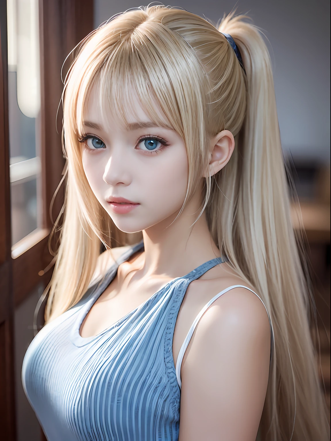 top-quality、masterpiece、超A high resolution、(Photorealsitic:1.4)、1girl in、Shoulder、enticing、looking in camera、smil,white hair、Colossal tits、Healthy skin、Delicate skin、portlate、School Uniforms、bright expression、poneyTail、Young shiny shiny white shiny skin、Best Looks、Blonde reflected light、Platinum blonde hair with dazzling highlights、shiny light hair,、Super long silky straight hair、Beautiful bangs that shine、Glowing crystal clear attractive big blue eyes、Very beautiful nice cute 16 year old girl、Lush bust