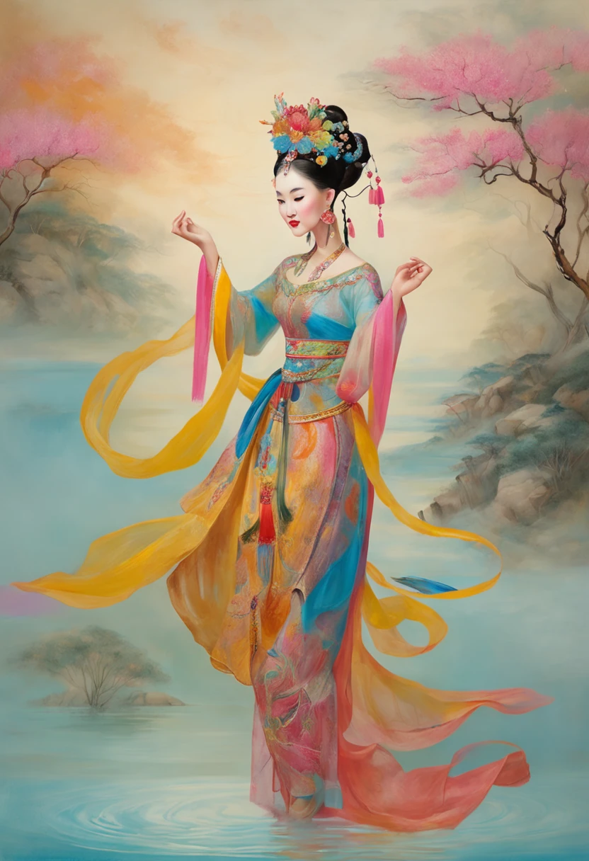 An ancient Chinese beauty stands and dances on the water, gorgeous costumes embroidered with intricate embroidery, flowing tulle, transparent long colorful ribbons tied on the arms, inspired by Dunhuang Flying Apsaras murals, showing navel, bare shoulders, bare neck, Black curly hair in a high bun with flower hairpins, ribbons on arm rings, wreaths, bracelets, anklets, metal chain tassels on the waist, Mogao Grottoes art, ink painting, cgstation pop