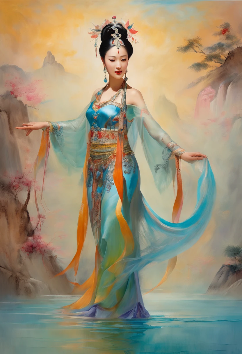 An ancient Chinese beauty stands and dances on the water, gorgeous costumes embroidered with intricate embroidery, flowing tulle, transparent long colorful ribbons tied on the arms, inspired by Dunhuang Flying Apsaras murals, showing navel, bare shoulders, bare neck, Black curly hair in a high bun with flower hairpins, ribbons on arm rings, wreaths, bracelets, anklets, metal chain tassels on the waist, Mogao Grottoes art, ink painting, cgstation pop