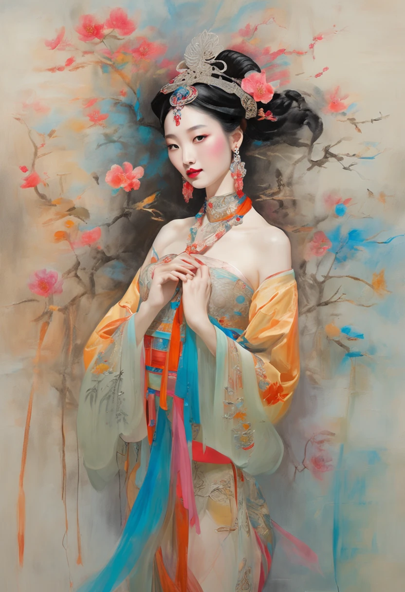 A naked woman seen from the front, bent over facing forward on the ground with her legs spread apart and her vagina visible. A Chinese empress from the Qing Dynasty, wearing a crown and showing her belly, thighs and feet.。The whole body is naked, showing off a gorgeous large flower and hairpin, the empress's crown is decorated with her hair tied up, and the background is the luxurious empress's palace room of the Qing Dynasty Palace.