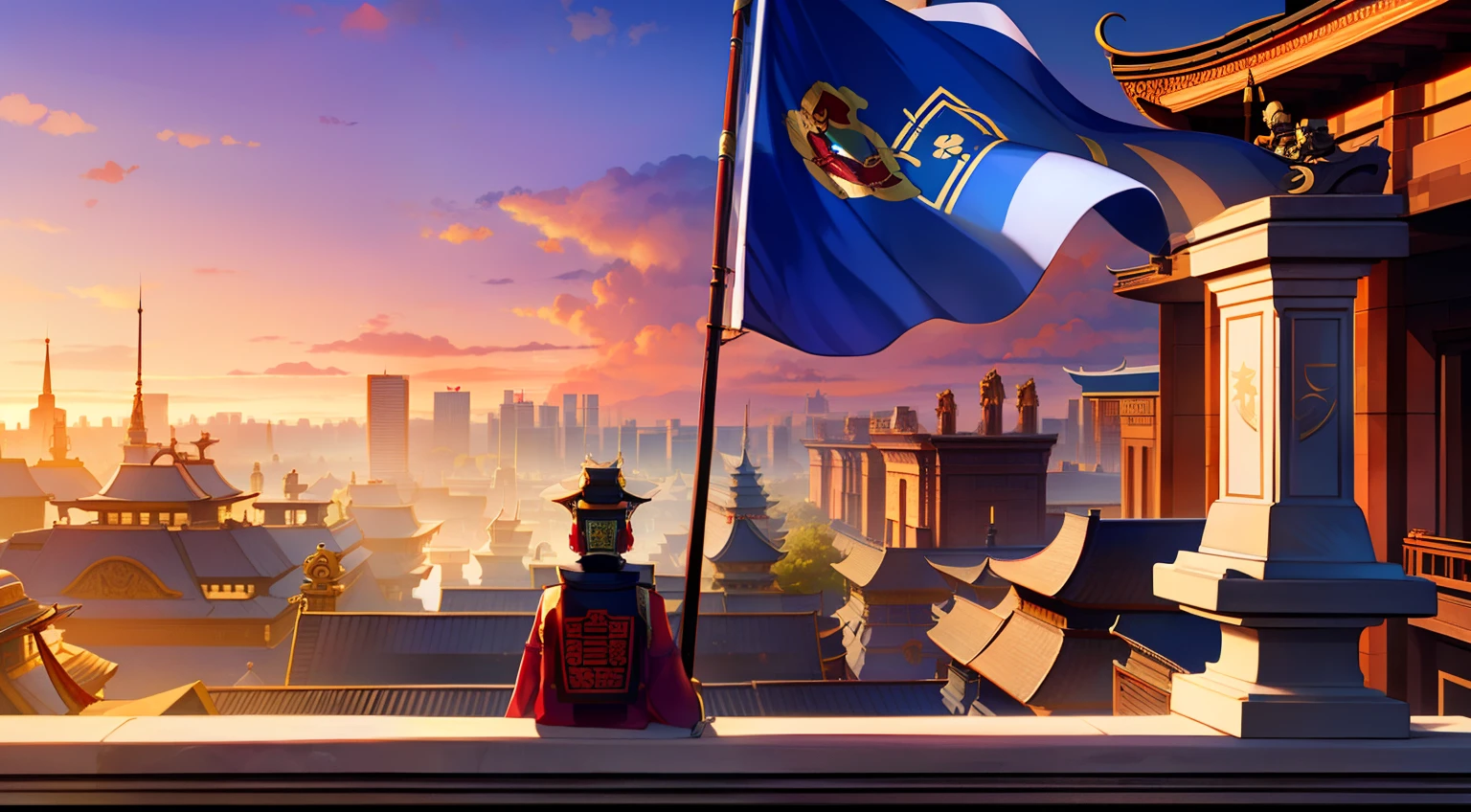 (Cinematic quality),(Complicated details),(The Kamishima Empire in the sundial),(Red Alert 3 Shenzhou Empire),A bustling capital,Spectacular city,The flag is raised,future era,