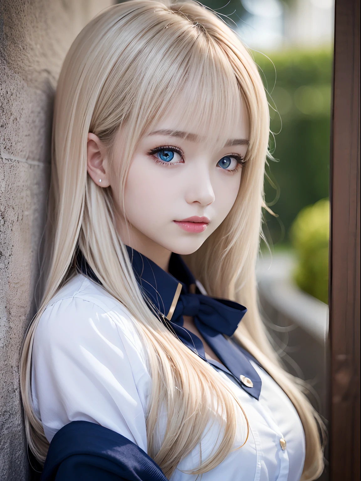 portlate、School Uniforms、bright expression、Young shiny shiny white shiny skin、Best Looks、Blonde reflected light、Platinum blonde hair with dazzling highlights、shiny light hair,、Super long silky straight hair、Beautiful bangs that shine、Glowing crystal clear attractive big blue eyes、Very beautiful nice cute 16 year old girl、Lush bust、