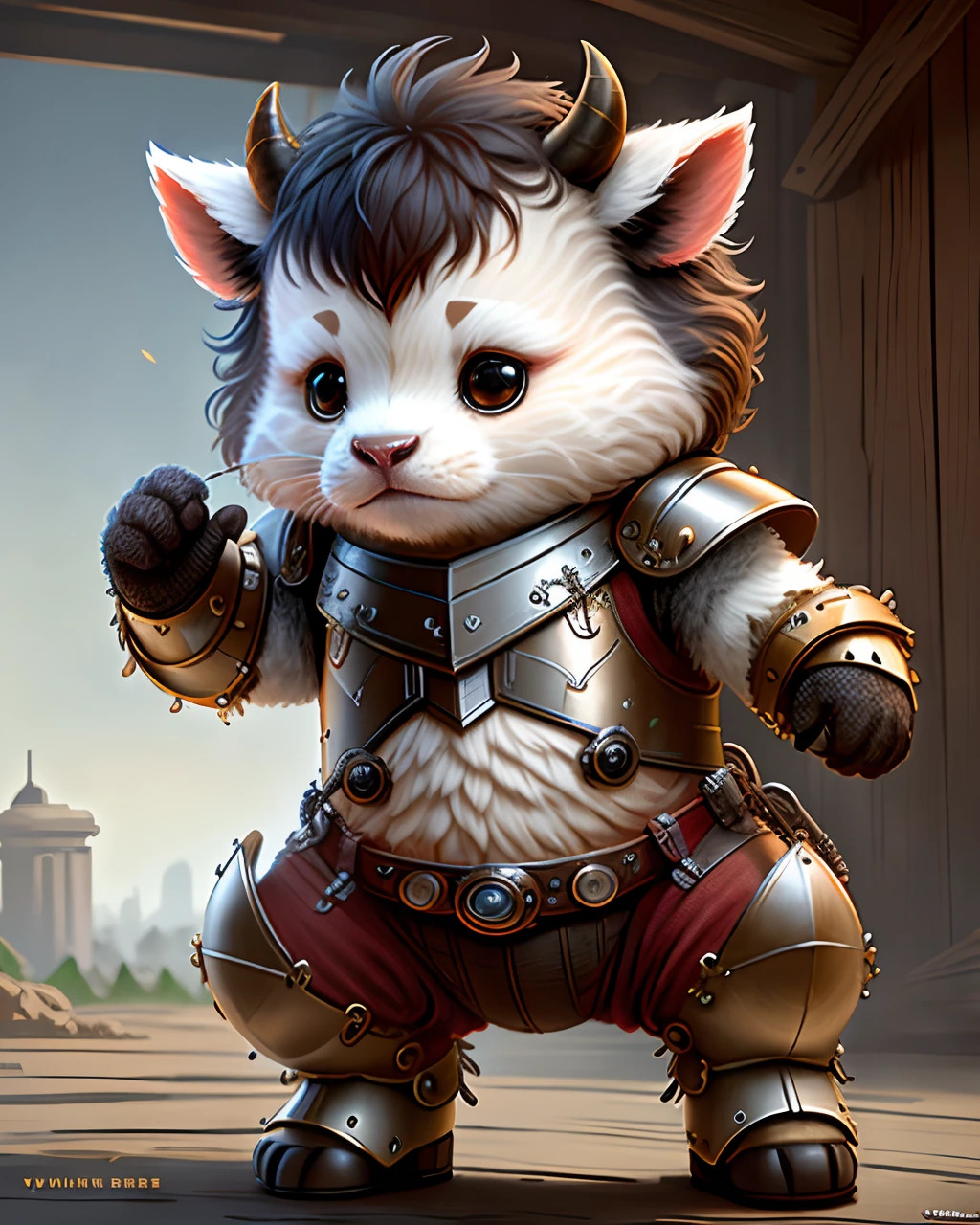 Super cute furry cow in armor，realisticlying，8K，hyper-detailing，Vray rendering，unreal-engine，Midway Art Style，