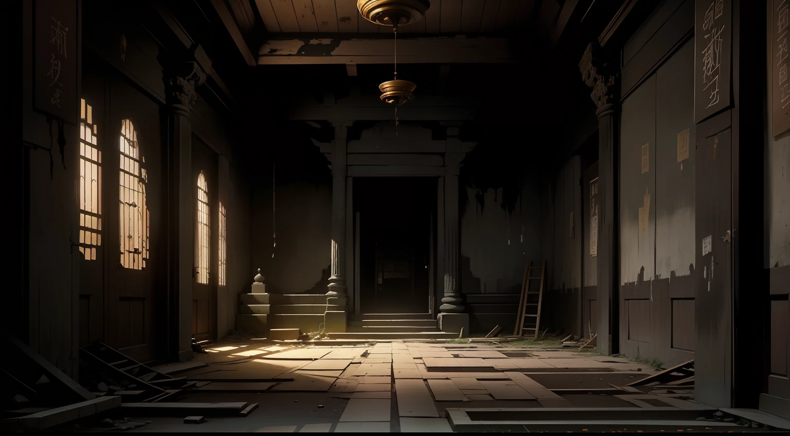 It's pitch black,Dilapidated temple interior