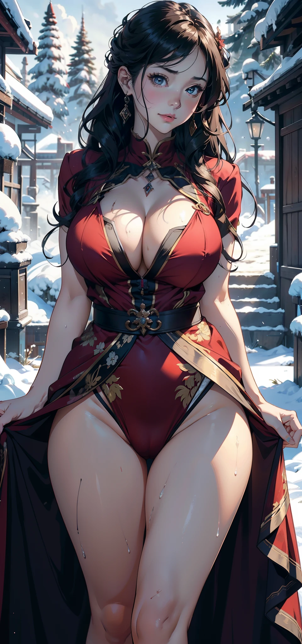 1female，25 age old，Large breasts，Pornographic exposure， 独奏，（Background with：ports，coniferous forest，at winter season，Snow on the ground） with his long black hair， 比基尼，standing on your feet，Sweat profusely，drenched all over the body，seen from the front， curlies， mostly cloudy sky，（（（tmasterpiece），（Very detailed CG unity 8K wallpaper），best qualtiy，cinmatic lighting，detailed back ground，beatiful detailed eyes，Bright pupils，（Very fine and beautiful），（Beautiful and detailed eye description），ultra - detailed，tmasterpiece，）），facing at camera，A high resolution，ultra - detailed）France，Sexy red court dress，revealing breasts，Bare genitalia， Bulge，Camel toes，Raised sexy，Flushed complexion，Open-mouthed，frontage