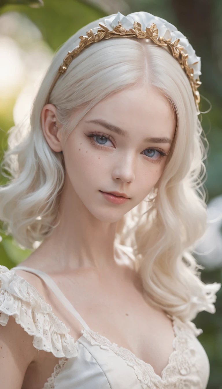 8k, 85mm, official art, raw photo, absurdres, platinum blonde hair, (blue eyes, ta fashion, sweetlolita, gothic, dress:1.2), idol face, upper body, beautiful girl, gardeniass, short sleeve, elegance, sophisticated, gardenia, looking at viewer, film grain, chromatic aberration, sharp focus, facelight, dynamic lighting, cinematic lighting, detailed face, bokeh background