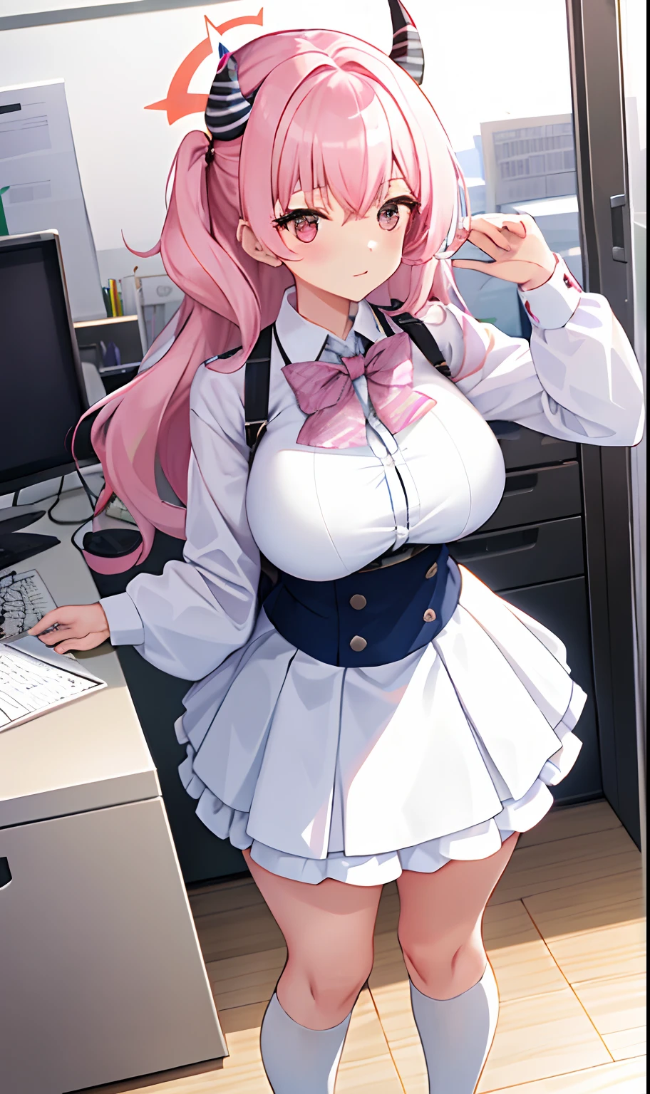 ((Masterpiece, Excellent)), (1girl), ((), Light Pink Hair, Halo, Horn, ((Office Lady)), Bangs, Big, (Plump), Slim, Smile, [Wide Buttocks], Office, Standing, Aru \(Blue Archive\),