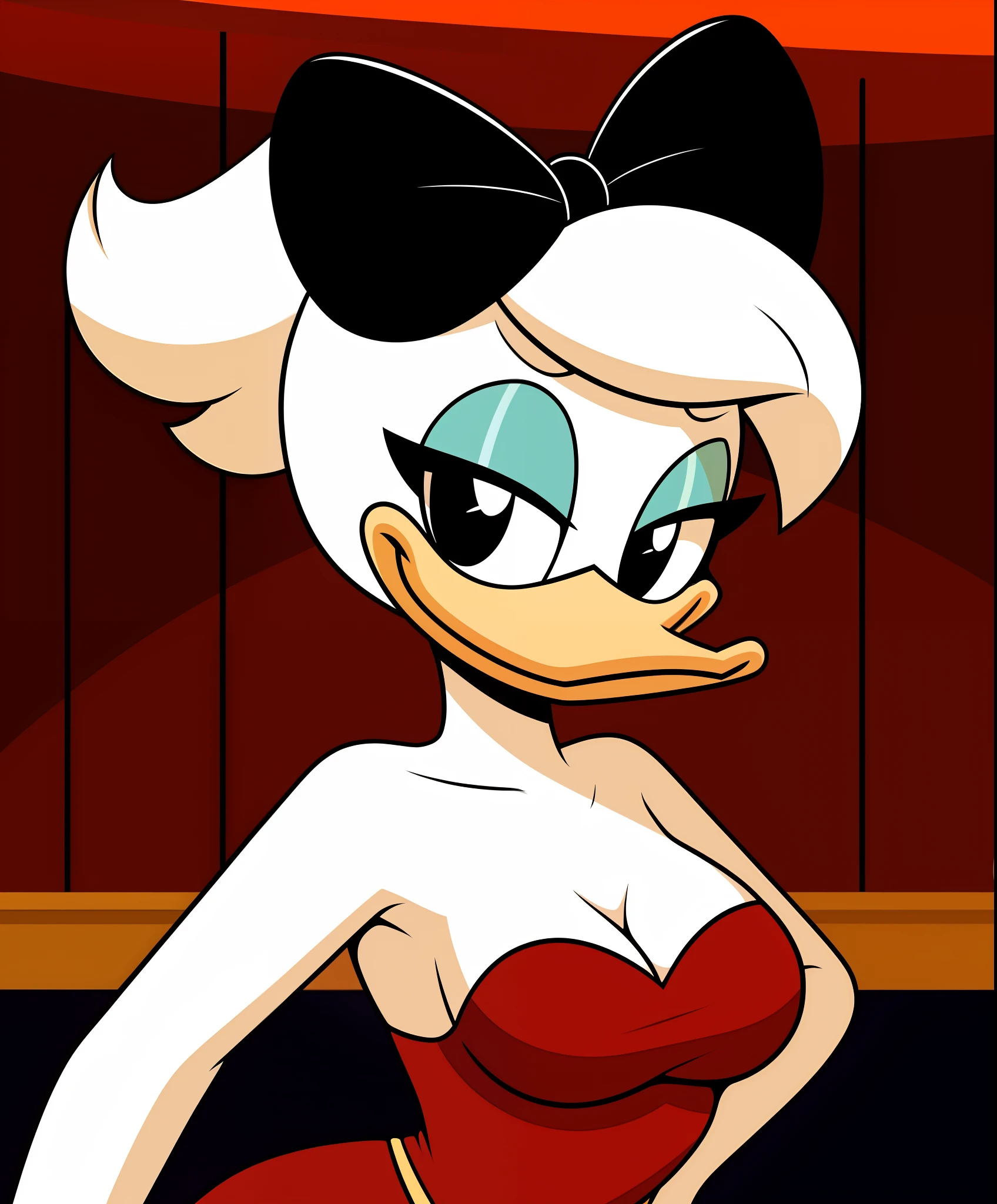 female daisy duck,  detailed background, dance hall, eyeshadow,  pinup, 
wear red dress, from side, sexy pose, alluring, 
simple black eyes, detailed, intricate,