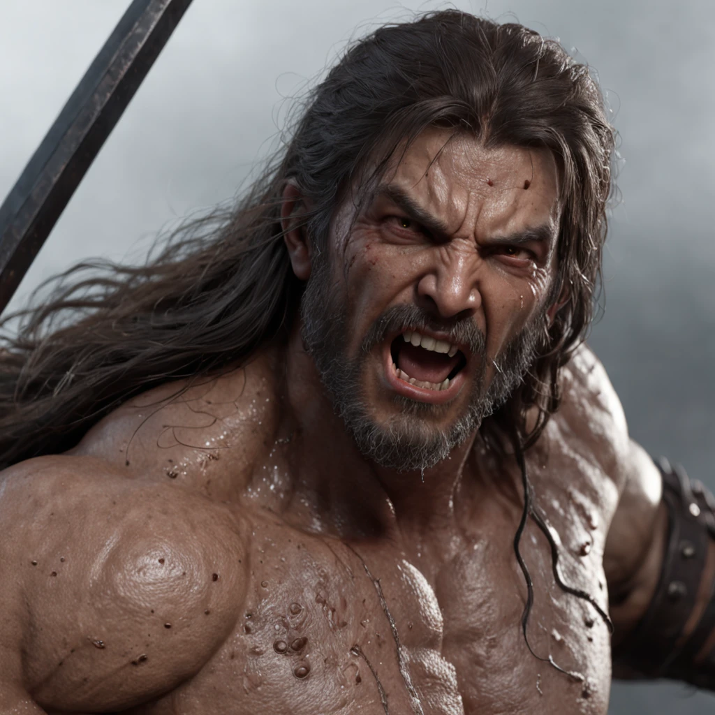 (professional 3d render:1.3) af (Realistic:1.3) most beautiful artwork photo in the world，Features soft and shiny male heroes, ((Epic hero fantasy muscle man rough wet hero angry looking long hair short beard and ferocious expression in dynamic pose, Fantastic location, Majestic cluttered environment)), Full body 8K unified rendering, action  shot, skin pore, very dark lighting, heavyshading, Detailed, Detailed face, (vibrant, photograph realistic, Realistic, Dramatic, Dark, Sharp focus, 8K), (Old leather garments damaged by weathering:1.4), ((((Wear fur)))), (Intricate:1.4), decadent, (Highly detailed:1.4), Art Station Conceptual art, smooth, Sharp focus, illustration, Art germ, (Global illumination, Studio light, volumettic light), heavy rain, particles floating, lotr, fantasy, elf, full bodyesbian, ((Dark and ancient city background:1.3)),CGSesociety,art  stations