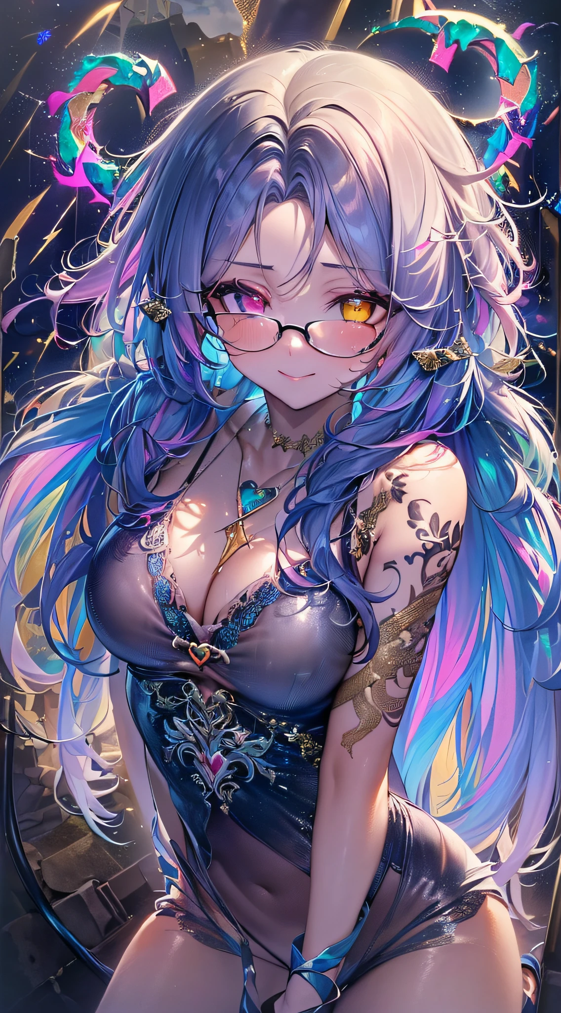 ((masutepiece, of the highest quality, Watercolor art (Pendants), Beautiful and aesthetic: 1.2)), (Golden ratio: 1.2), (Full body: 1.2), (Super Detail: 1.3), (girl with: 1.3), (Fractal Art: 1.3), (Glitter Pupil)),(eye glass:1.5) ,patterns, (Iridescent hair, Colorful hair, Half light blue and half pink hair: 1.2)), Colorful, Writing, (Heterochromia), (Colorful: 1.5), (((Shy face)), (full body Esbian), (Hyper-detailing), ((delicate detail)), (intricate-detail), ((Cinematic Light, Highest quality backlight)), High contrast, ((The best lighting, Very delicate and beautiful)), (( Cinematic Light)), (ray trace reflection, Glow), (((glowing aura)), ((Glowing hair)), ((Super Detail)), (8K)), ((a closeup)), ((Brown skin)), (Showering), ((Seductive smile)) ,((high angle full body shot)),((Demon Girl, demonic horns, demon tail, Devil's Wings, pube_The tattoo, Heart-shaped pupil))、((On the bet))、(black feathers on the back,,,,,:1.5), (Full body:1.2),(look at viewr:1.2),(all-fours:1.5),(Lightning in the background)、(Thunderclouds on background)、(Ruins:1.5)、(Very heavy rain)