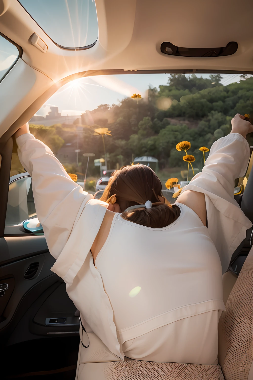 Woman in car with arms raised in the air, top - down photograph, exhilarated, Beautiful views, arms out, blocking the sun, Arms outstretched, raise both arms, sits in her car, Arms raised, Arms open, Flowers around, girl floating in a flower field, arms stretched wide, she is in pure bliss, Feel the nature, road trip