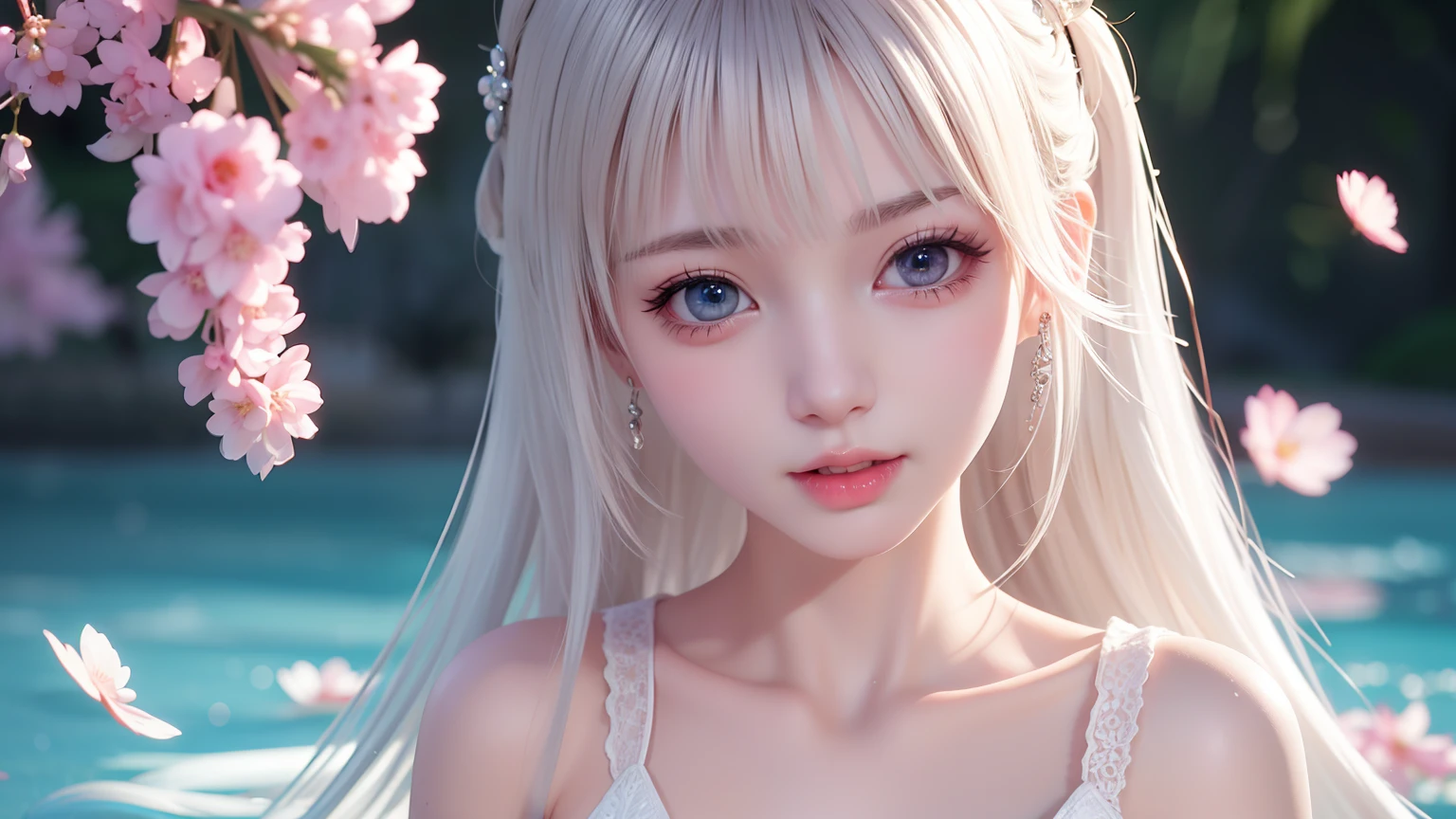 (8K, RAW photos: 1.2), Highest quality, 超高分辨率, (((Coordination from head to waist)), (Pink petals flutter), (illustration), (1 girl))), (Bob with short hair)), (Transparent white sheer lace dress)), (Silver hair, Blue eyes) Beautiful face, (bright lip gloss, Long eyelashes, smooth) face, Bright Skin, naturalshadow, Wide light, Wide light, Depth of field, Intense colors, subtle caustics: 0.8), Smile, (rain: 0.9), Behind the girl is the garden, (Focus), (sitting on water)), (colored splashing), colorful splashs, (Colorful))), (Sketch: 0.8), Masterpiece, Best quality, Beautifully painted, Highly detailed, (denoised: 0.6), Splash ink, (( ink refraction)), (Beautiful detailed sky), Highly detailed, (Masterpiece, Best quality, Highly detailed) CG unity 8K wallpaper, Masterpiece, Top quality, Super detail), White dress, Wet swimsuit, Sexy dress, Sexy body, Smooth translucent white skin, blonde goddess, Translucent body, alexa grace, wearing a wet white short dress, Sexy girl, Sexy hot body, Translucent dress, elegant sleek smooth body, Dressed in beautiful white, Close-up Shot Shot,