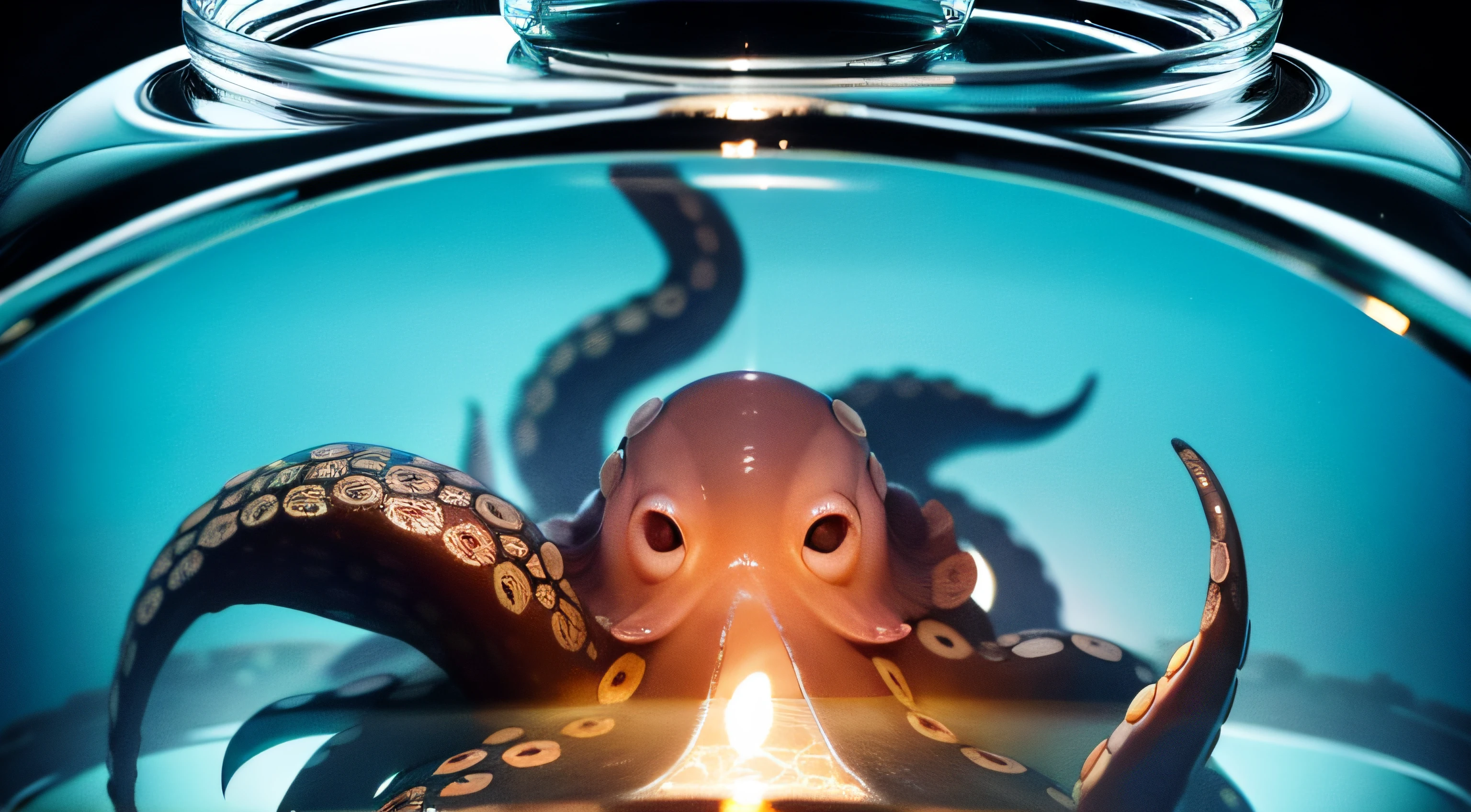 Octopus in a glass jar, In the lab, from above