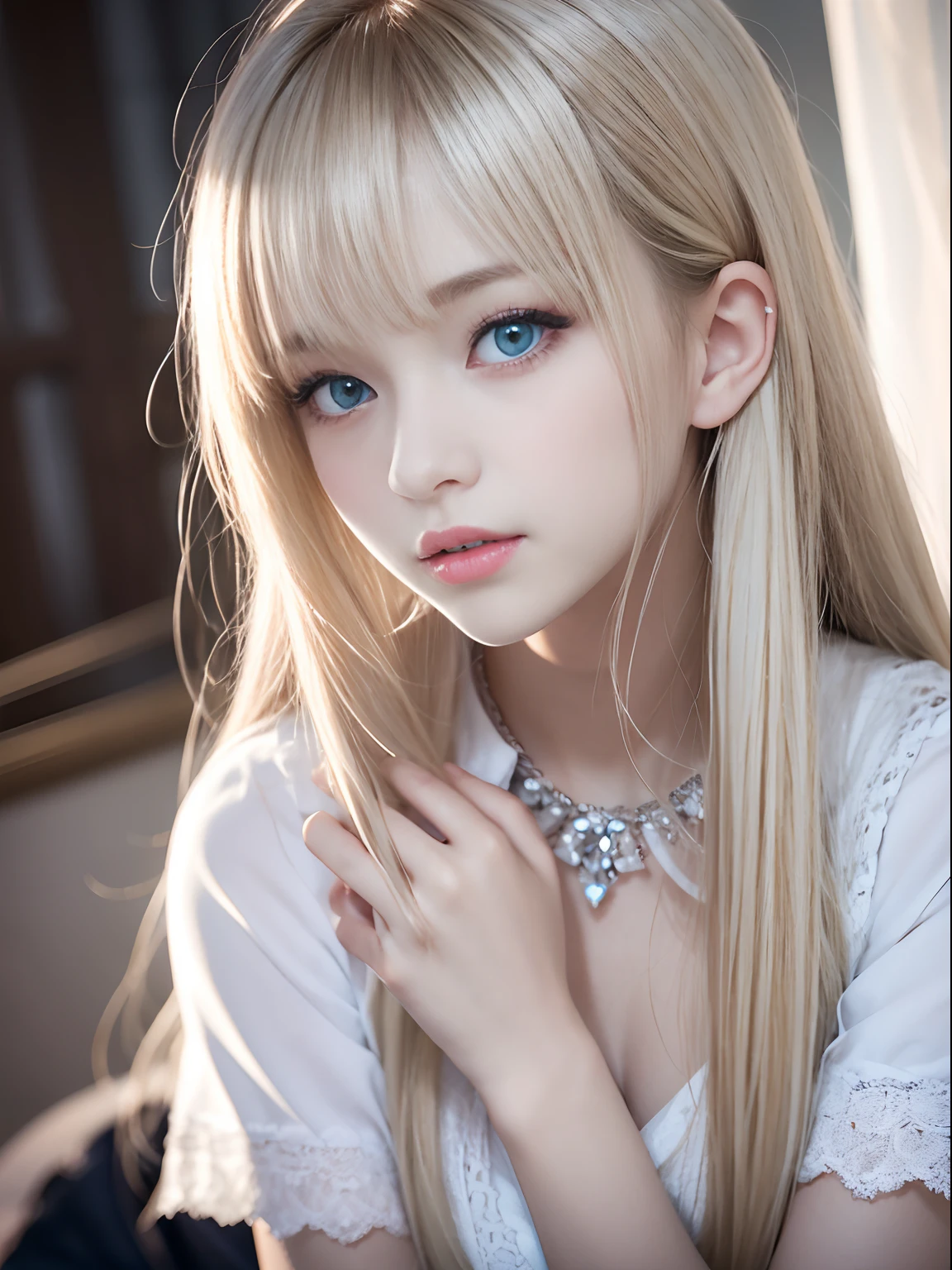 portlate、School Uniforms、bright expression、poneyTail、Young shiny shiny white shiny skin、Best Looks、Blonde reflected light、Platinum blonde hair with dazzling highlights、shiny light hair,、Super long silky straight hair、Beautiful bangs that shine、Glowing crystal clear attractive big blue eyes、Very beautiful nice cute girl、Lush bust